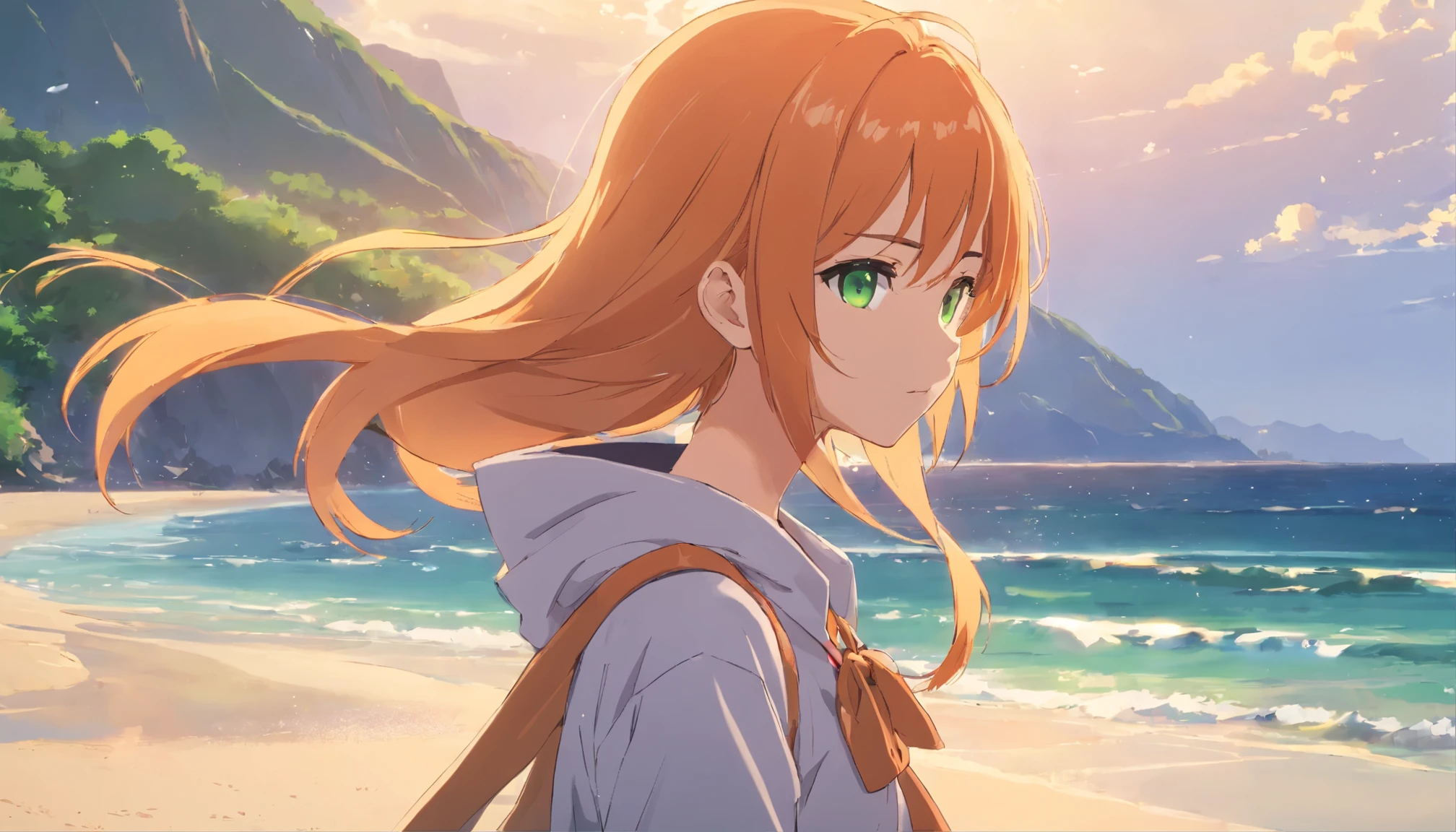 Anime girl with long orange hair, standing on the beach near the ocean, green eyes detailed digital anime art, Anime girl with long hair, гладкое аниме cg art, Anime girl with long hair, digital anime art, work in Guweiz style, Beautiful anime portrait, Photorealistic render of an anime girl, Beautiful anime girl, advanced digital anime art, guweiz на artstation pixiv HD UHD HQ