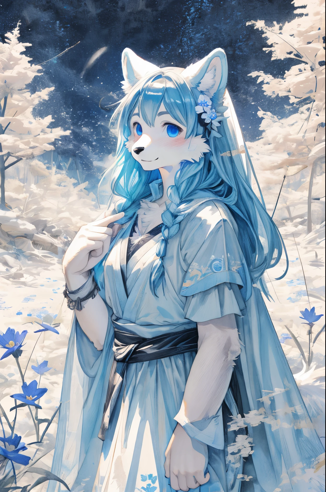 monochrome, watercolor, highres, top quality, best quality, paid reward available, High-quality illustrations, unparalleled masterpiece, perfect artwork, absurdres, 1girl, kemono, furry, detailed body fur, animal face, animal hand, Archaic Smile, holding a cluster of sky blue flower in both hands, which are positioned at chest level, She is wearing a simple ring on the ring finger of her left hand, unfocused spread of sky blue flower, fan-created work shared on platforms Pixiv or Twitter,