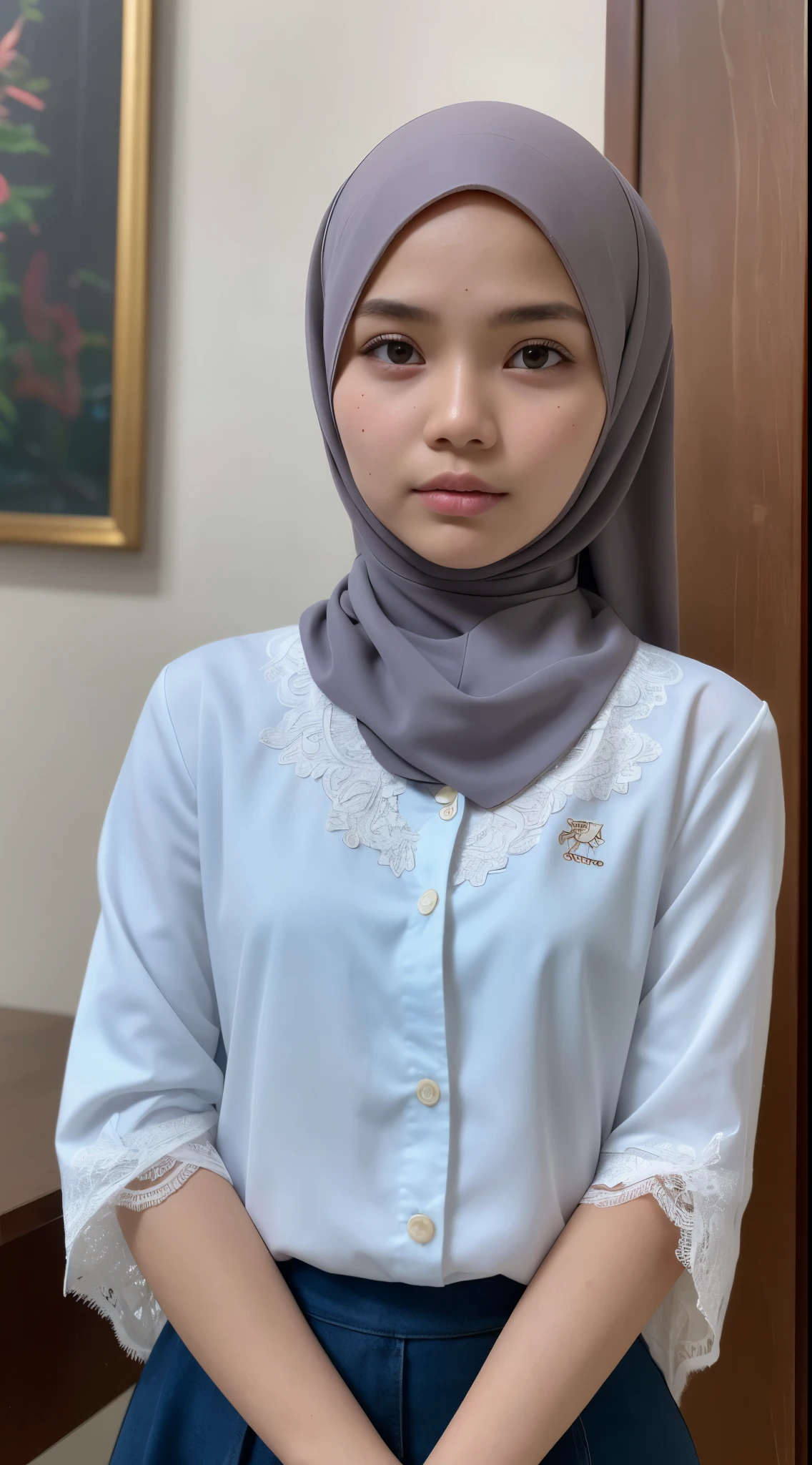 ((Flat Chest)), Naked, Angry pose, Angry face, (((HIJAB MALAY GIRL))), masutepiece, High quality, UHD 45K, Realistic face, Realistic skin feeling , A Malaysia Lady, 8 , , Very cute and baby-like face, (((FLAT CHEST))), (MATRIX WORLD), ((look In front  at the camera and SADNESS)), ((())), (((CUTE GIRL))), ((BLUE PASTEL LIPS)), ((BLUE PASTEL LACE)), ((CHUBBY)), ((UNDRESS)). Brown, Flat Chest, (transparent skirt mini & blouse).