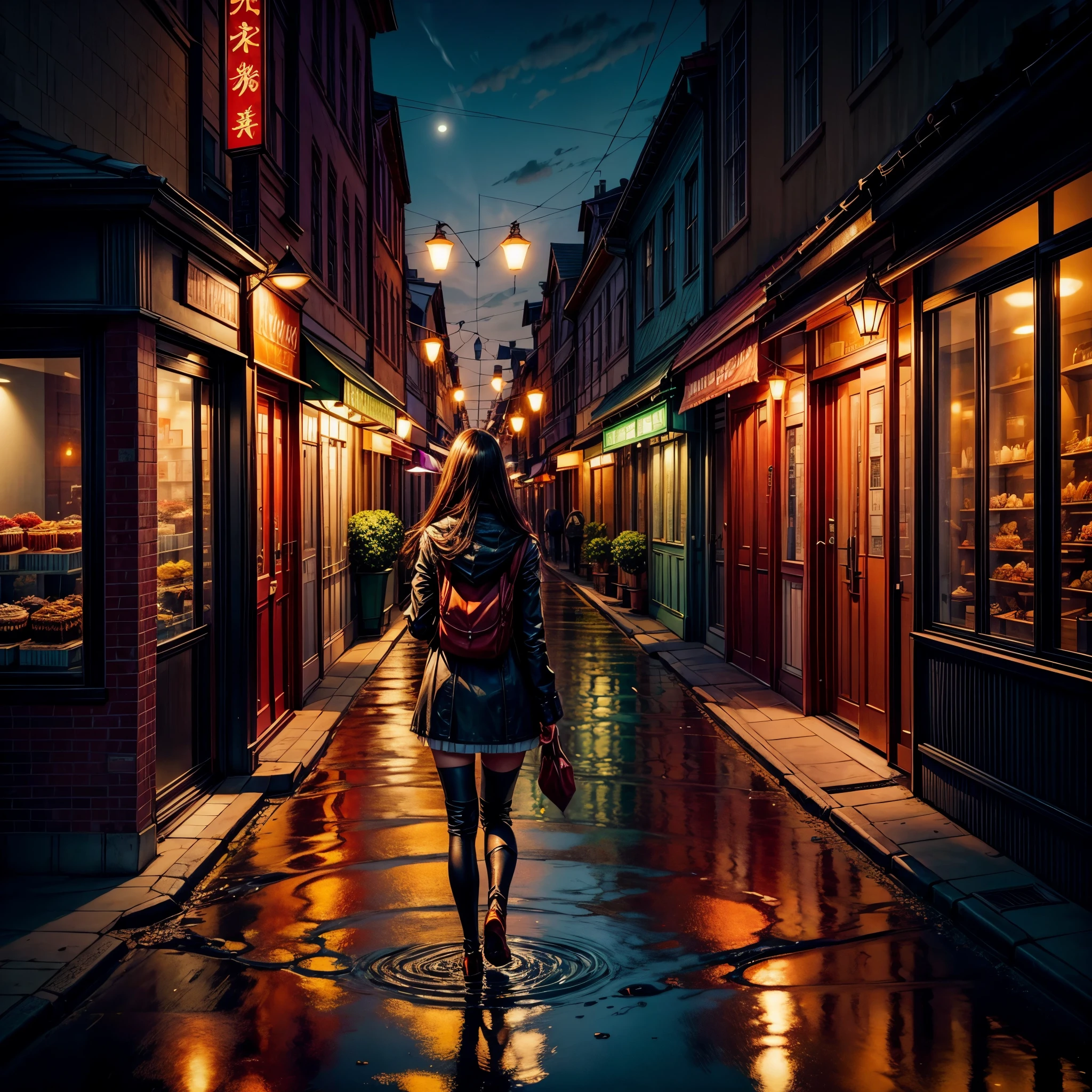 City flower shop, potted plants, flower, rainny night,water reflection puddle,oriental design, hanging lights , digital painting, sunset,wind up,concept art, illustration, intricate, many people, hanging lights, happy, beautiful colorful light, flower, plants ((tileset)) Anime - City street style scene, a woman waiting in front of a store, anime background art, detailed scenery - width 672, anime landscape concept art, anime style cityscape, Studio Ghibli anime style, Studio Ghibli art style, Studio Ghibli program, anime landscape, Studio Ghibli art style, Landscape artwork, Beautiful anime landscape, Forest city street, Ghibli art style, cake shop, cake shop, bakery cake shop, Makoto Shinkai style, Makoto Shinkai anime, Shinkai Makoto art style, insanely detailed, ((tmasterpiece)), absurdres, HDR, UHD, varied multi etc. --v6 --s1000 --c20 --q5 --chaos100