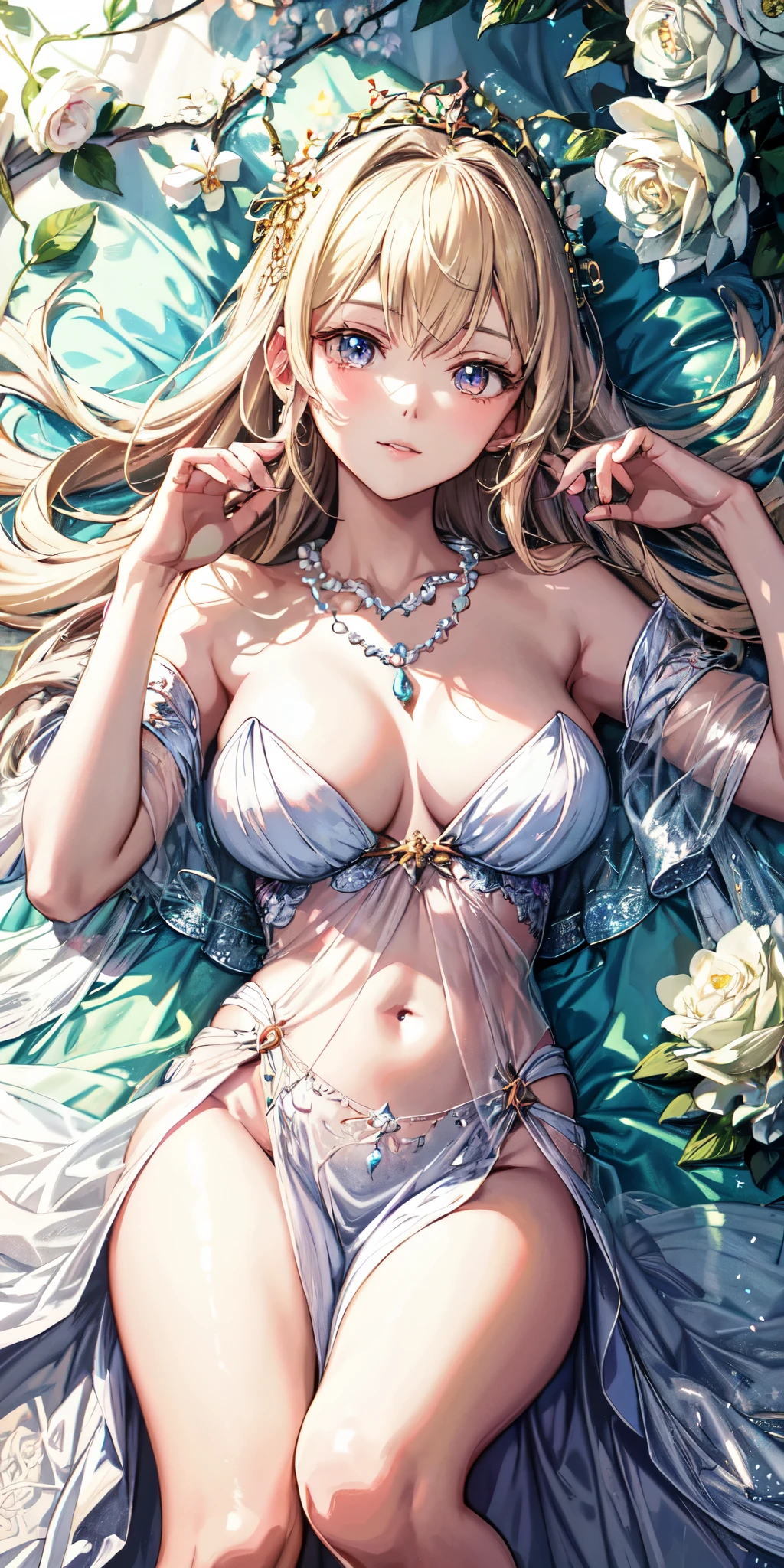 Anime girl lying on bed with flowers and necklace, anime goddess, beautiful attractive anime woman, seductive anime girl, detailed digital anime art, detailed anime art, Kotaka Amano Karol Bak, beautiful anime woman, detailed anime artwork, highly detailed goddess shot, beautiful goddess, ((beautiful fantasy empress)), blonde goddess, beautiful anime girl