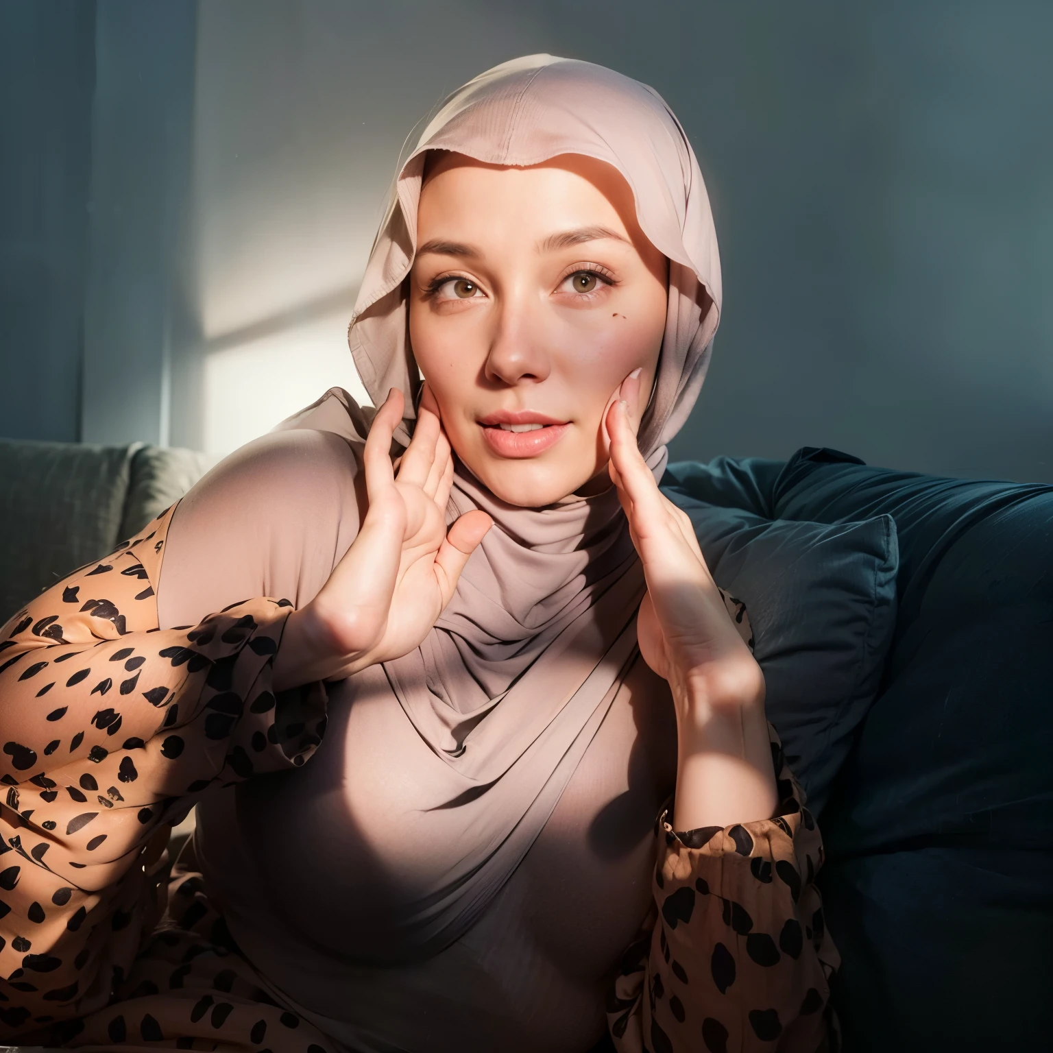 masterpiece, (ultra-high-definition portrait:1.4), Realistic, extremely detailed, CG unified, 8k, wallpaper, highly detailed, High-definition, raw color photos, professional photograpy, Realistic portrait, Cinematic Light, Beautiful detailed, 1hijabgirl in, (165cm tall, big breasts with very very tight clothes:1.5), Beautiful big breasts, breasts details, very tight, (smile, looking into the camera:1.5), (Fine face:1.4), Close up of a girl in Beautiful clothes with wide open front, scarf, (Beautiful Tight Clothing with curvaceous body:2), open chest wide, Undress, No bra, (nipples that are clearly sticking out detail:1.2), Outdoors, high intricate detailed, float, cum on, Sense of truth, beautiful landscape forest, sexy lighting,