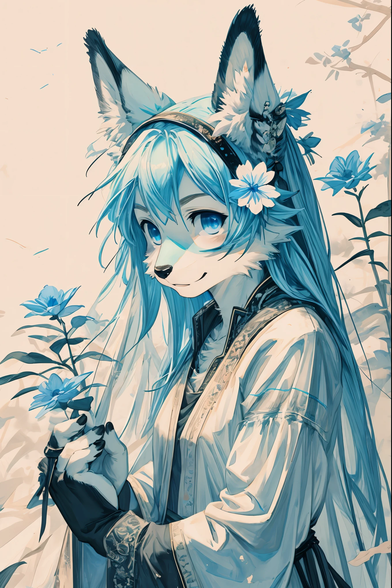 monochrome, watercolor, highres, top quality, best quality, paid reward available, High-quality illustrations, unparalleled masterpiece, perfect artwork, absurdres, 1girl, kemono, furry, detailed body fur, animal face, animal hand, Archaic Smile, holding a cluster of sky blue flower in both hands, which are positioned at chest level, She is wearing a simple ring on the ring finger of her left hand, unfocused spread of sky blue flower, fan-created work shared on platforms Pixiv or Twitter,