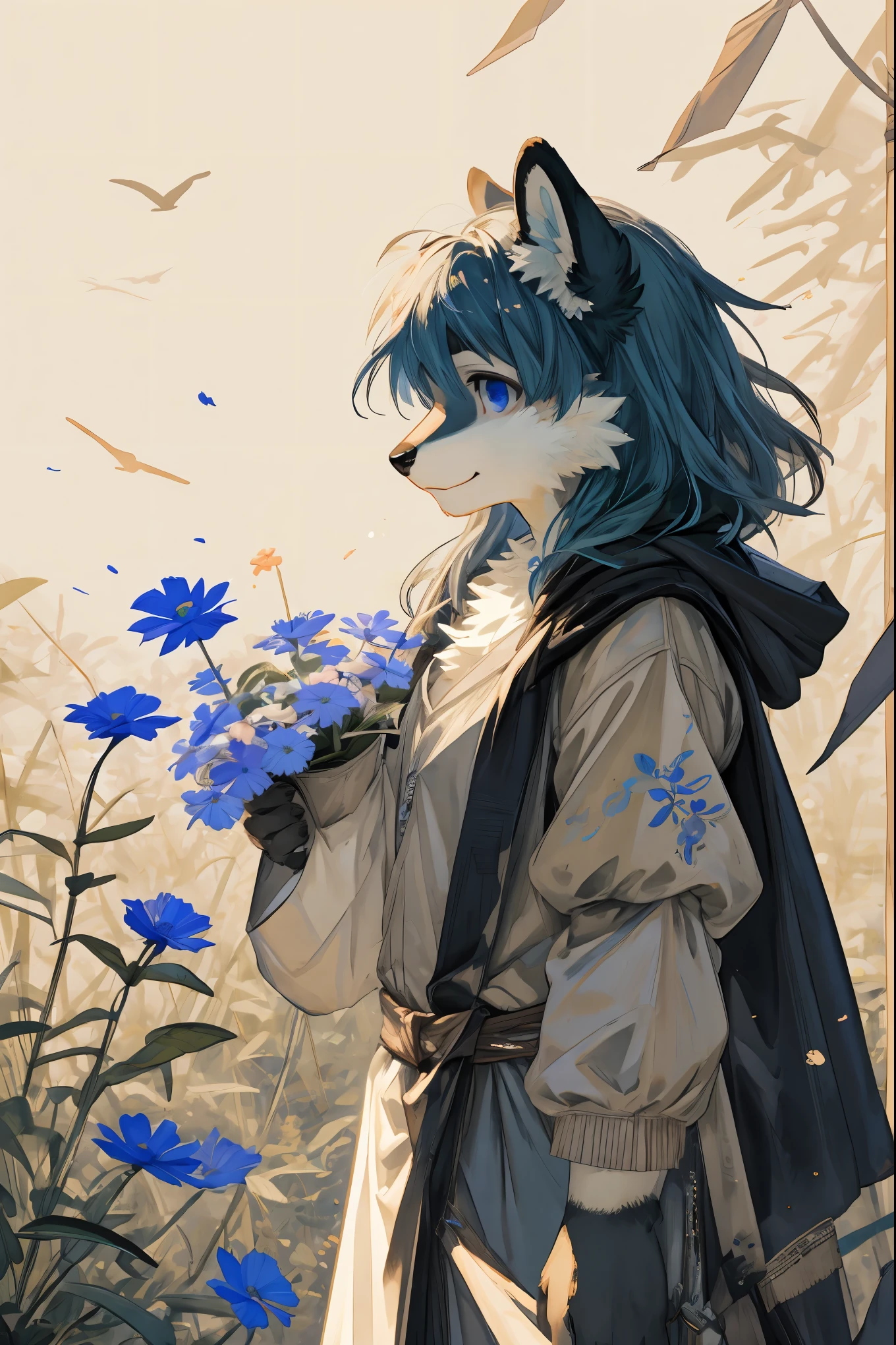 monochrome, watercolor, highres, top quality, best quality, paid reward available, High-quality illustrations, unparalleled masterpiece, perfect artwork, absurdres, 1girl, kemono, furry, detailed body fur, animal face, animal hand, Archaic Smile, holding a cluster of sky blue flower in both hands, which are positioned at chest level, She is wearing a simple ring on the ring finger of her left hand, unfocused spread of sky blue flower, fan-created work shared on platforms Pixiv or Twitter,