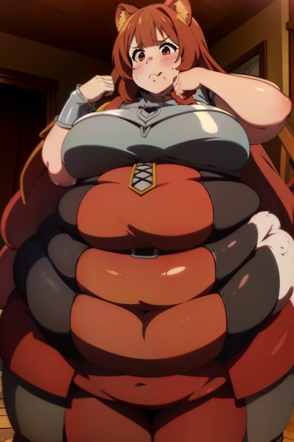Fat Raphtalia, red suit, bbw armor, obese, round, rotund, force feed, evil, stuffed raccoon, humillated