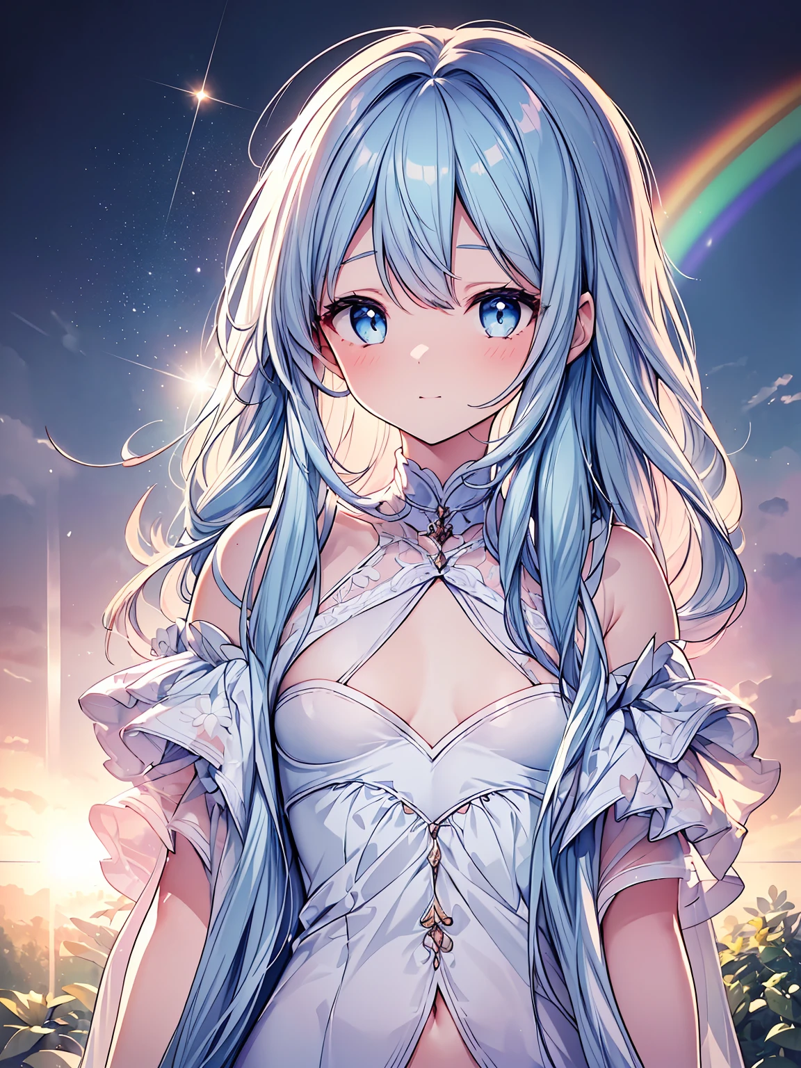 masterpiece, best quality, extremely detailed, (illustration, official art:1.1), 1 girl ,(((( light blue long hair)))), light blue hair, ,10 years old, long hair ((blush)) , cute face, big eyes, masterpiece, best quality,(((((a very delicate and beautiful girl))))),Amazing,beautiful detailed eyes,blunt bangs((((little delicate girl)))),tareme(true beautiful:1.2), sense of depth,dynamic angle,affectionate smile, (true beautiful:1.2),,(tiny 1girl model:1.2),(flat chest)), Soft Focus , (Bright gradient watercolor :1.5, Lens Flare:1.5 , Glitter :1.5), Glow , Dreamy Grid illusion, Colorful, girl、((extremely detailed eye:1.5)),ace Zoom:1.5,,(((​masterpiece、top-quality、top-quality、watercolor paiting)))(Curly)、Official art、Beautifully Aesthetic:1.2)、,(Fractal Art:1.3)、The upper part of the body、colourfull、((Ultra-detailed retina:1.5))、embarrassed from、(Midriff)、((Super Detail Eyes:1.5))、(rainbow-colored hair、colourful hair、Half blue and half light blue hair:1.5)、((the Extremely Detailed CG Unity 8K Wallpapers、​masterpiece、top-quality))、((ultra-detailliert:1.2))、(The best lighting、Best Shadows、extremely delicate and beautiful)、
