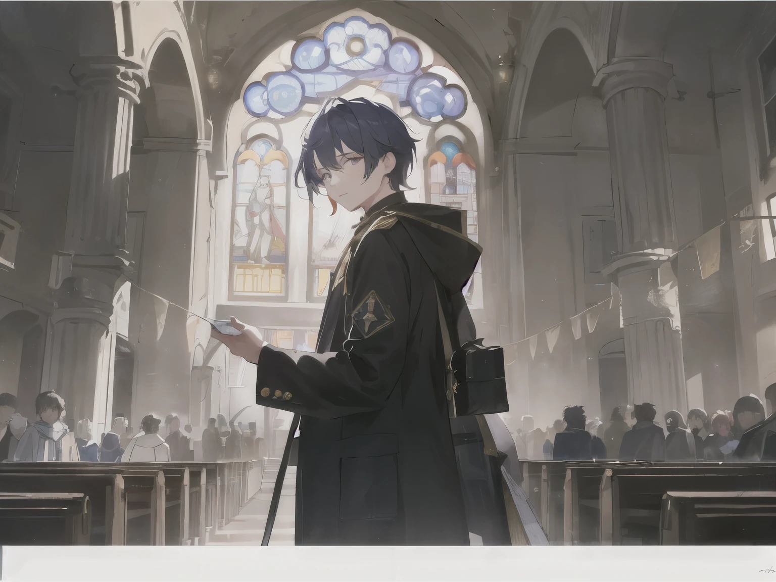 (tmasterpiece, World Masterpiece Theatre, High-precision details, Viewer's POV, , Beautiful boy with black hair, Thick coat: 1.1)Movie Angle，Wearing a white church dress ，With golden cross ornaments，brunette color hair，Blue-purple eyes，Orange sunlight，stained glass window