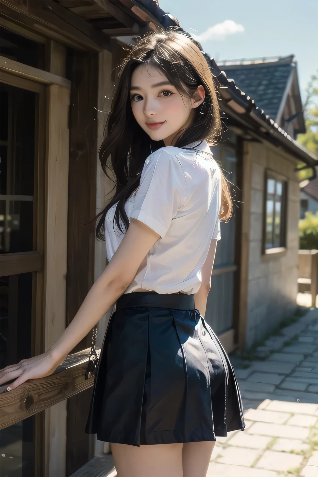 very cute and beautiful school girl,(highly detailed beautiful face and eyes:1.2),(cowboy shot),
smile,black hair,seifuku,(mini skirt),dynamic pose,dynamic angle,looking at viewer,
many european houses with red roof,(town overview),
(best quality,masterpiece:1.2),intricate details,ultra-detailed,8k resolution,solo,natural lighting,
hair fluttering in the wind,beautiful detailed sky,