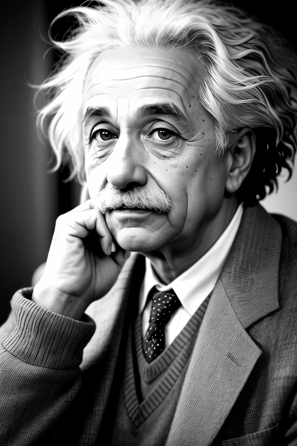 A captivating photograph of Albert Einstein, renowned scientist and Nobel laureate, locks eyes with the viewer, ready to impart his wisdom. His intricately detailed features are accentuated in this realistic, masterpiece-quality image. The wrinkles on his forehead, the bushy eyebrows, and the wild, untamed hair all contribute to the authenticity of this photorealistic representation. Einstein wears a casual attire, possibly a sweater and trousers, adding to the authenticity and approachability of the image. The background is tastefully blurred, allowing the focus to remain solely on the brilliant mind before you. This vivid and sharp image was captured using the highest resolution and most advanced