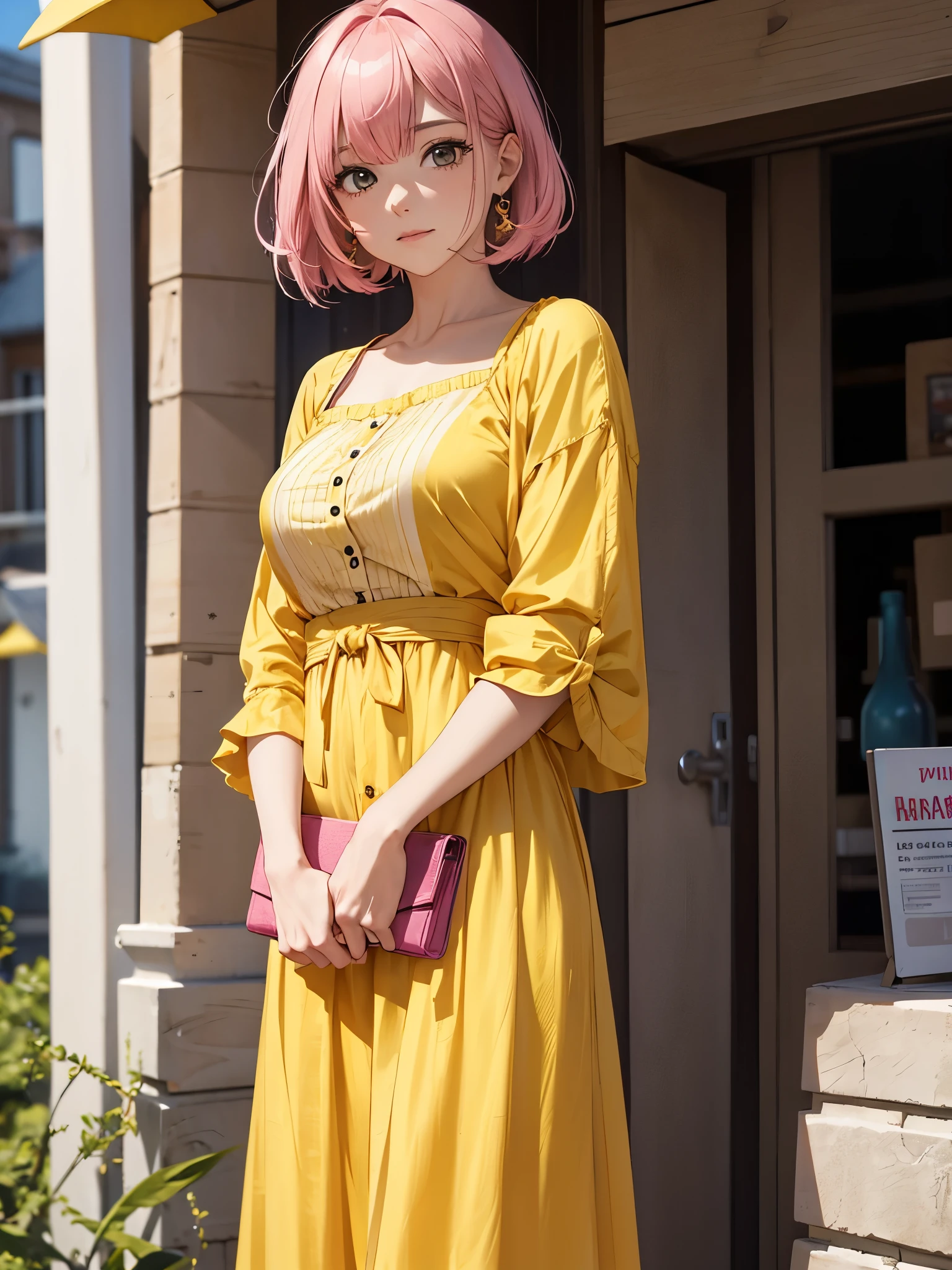 A mature girl, pink hair, wearing yellow dress