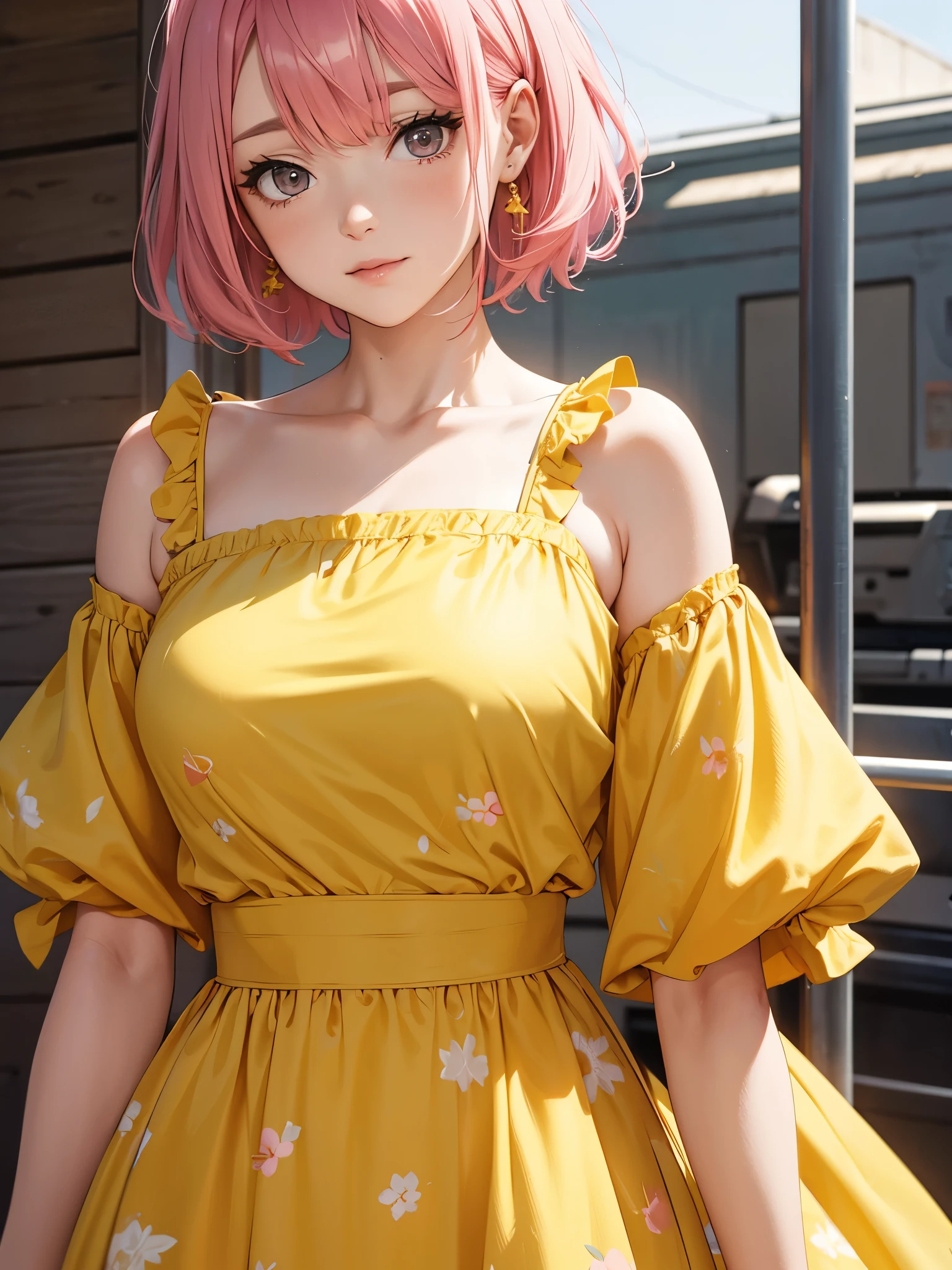 A mature girl, pink hair, wearing yellow dress
