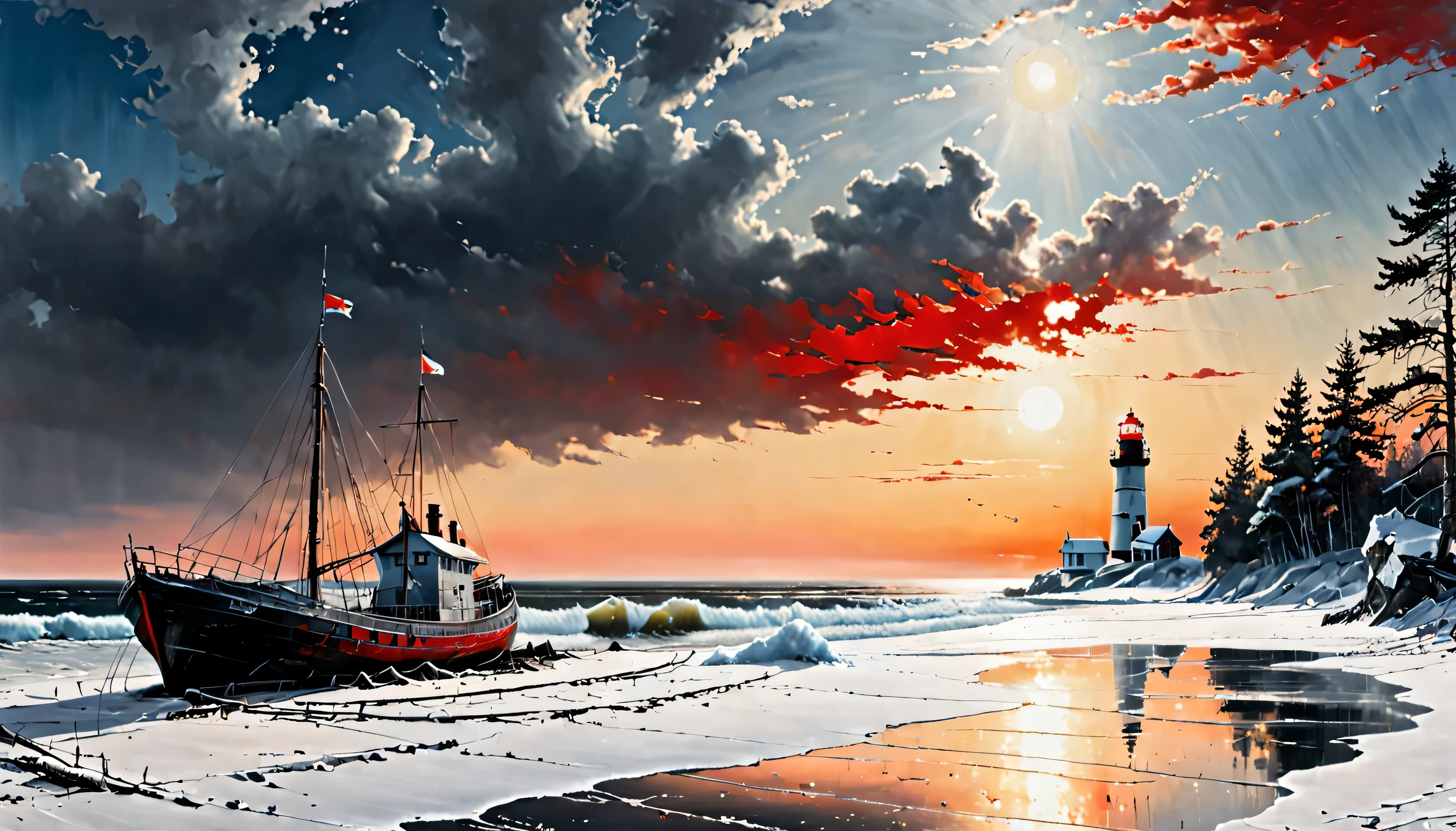 man standing at shore, lighthouse, trees on shore, snow, frost and winter on the beach, big bright summer red sun appear form ocean, old boat dropped on beach at ocean, panorama, 180, clouds, futuristic, bioshok, painting, oil, style of Peder Balke,