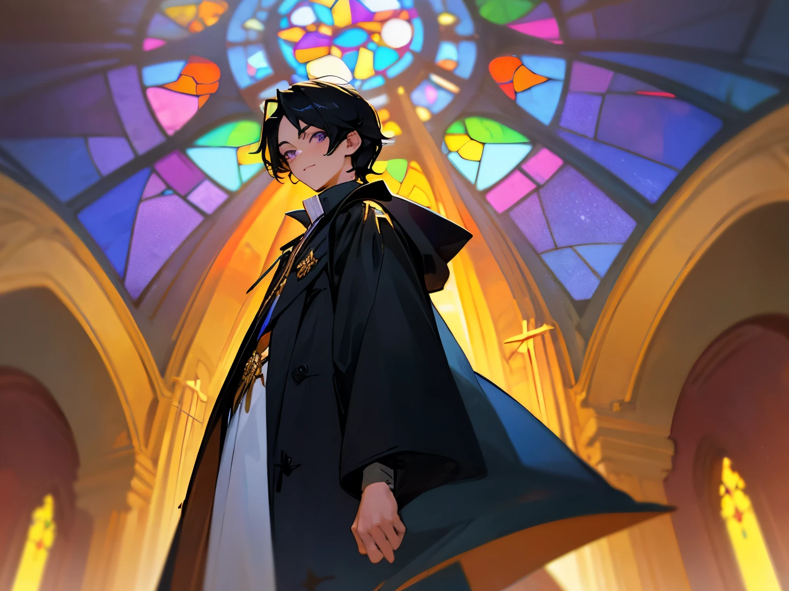 (tmasterpiece, World Masterpiece Theatre, High-precision details, Viewer's POV, , Beautiful boy with black hair, Thick coat: 1.1)Movie Angle,Wearing a white church dress ,With golden cross ornaments,brunette color hair,Blue-purple eyes,Orange sunlight,stained glass window