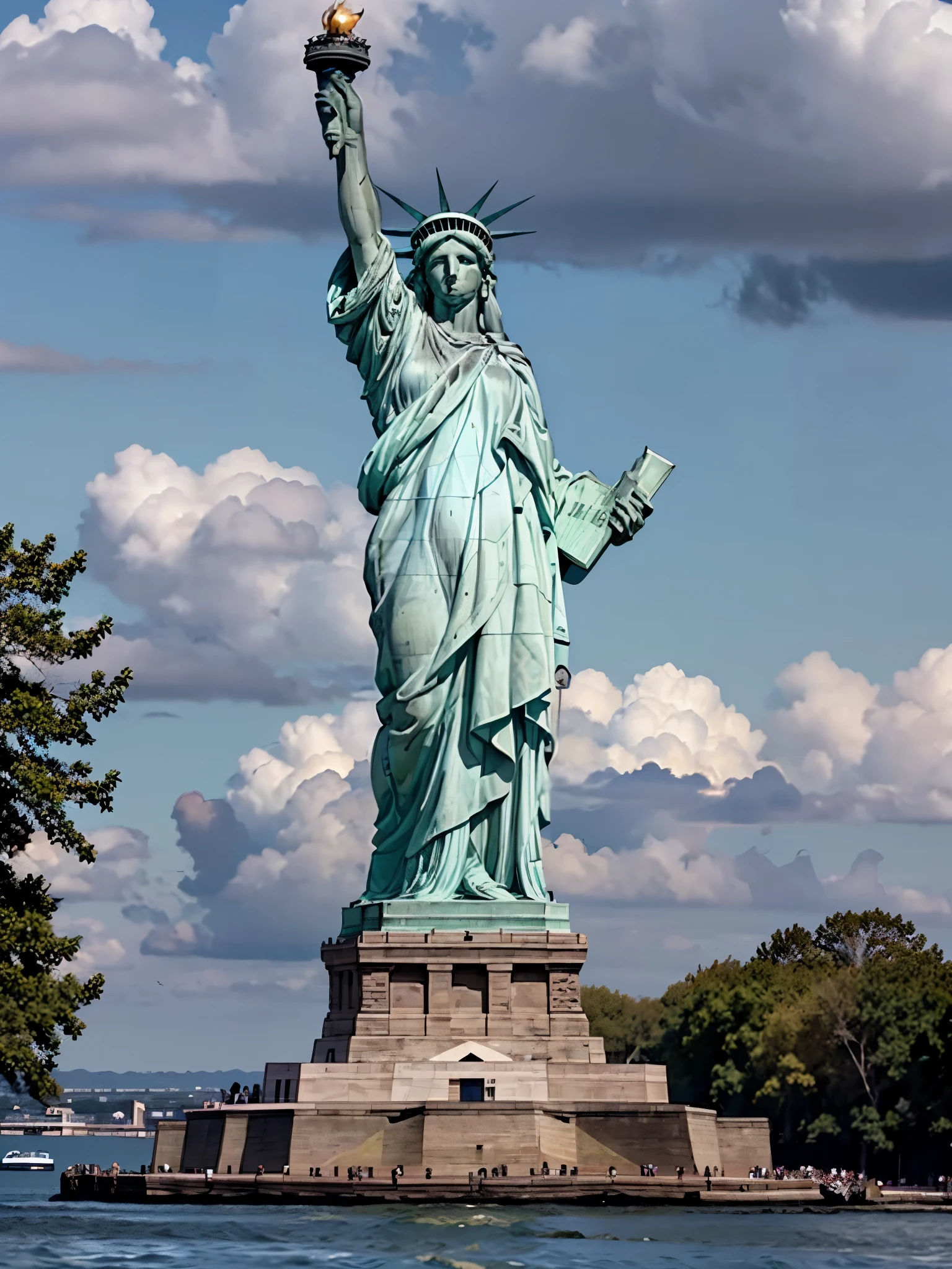 lady-liberty, front view, a statue of liberty is shown against a cloudy grey sky. ((A military plane bombs the statue destroying it)). clouds, broken torch in her hand, basement of stones demolished, water, Liberty Island, trees in fire