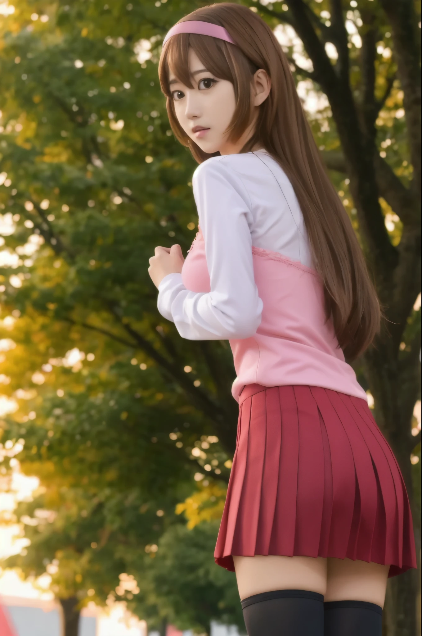 ayumumo, 1girl, hairband, pink shirt, long sleeves, pleated skirt, black thighhighs, from side, looking back, floating hair, tree,  sunset,  