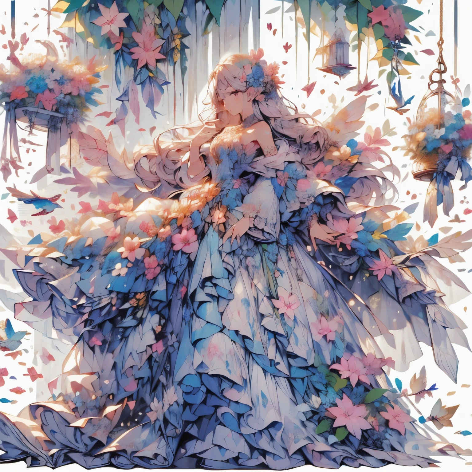 (highest quality, masterpiece, Super detailed, very detailed, exquisite, 16k,Full HD),A little closer,golden ratio,dramatic lighting,pastel colour,seems to be happy,fly in the sky,soft lighting, ((alone:1.5)),(blue sky,morning sky,Sunny),magical forest,flower,wood,flower畑,葉っぱとflowerびらが舞う,From above,((head shot)),画面いっぱいのflower,(fairy princess, purple eyes, long eyelashes,white skin,slim,pale pink plump lips,pale pink cheeks, The wind is blowing,blonde,thin and long,(thin and high nose,small nose),(腰の少しFrom above巨大な妖精の羽),flowerの魔法,flowerのティアラ,diamond earrings,Diamond Choker,(flowerびらをモチーフにしたflower付きホワイトボールガウンドレス, flowerが飾られたドレス,lace and ruffles),(smile:1.2), (fantasy, romantic atmosphere), 