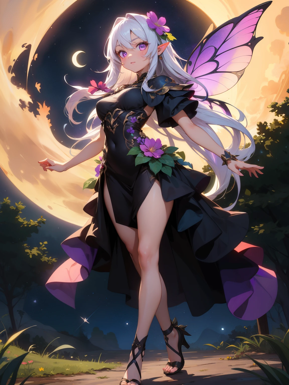 (masterpiece), best quality, (SHARP details), 4k, expressive eyes, SHARP detail expressive eyes, (SHARP detail perfect face), (long white hair), (fairy), large (purple wings), night, glowing fairy dust, (wearing tight, black dress), (full body image), purple eyes, detailed perfect face, detailed perfect hands, detailed perfect fingers, ((flying)), detailed background, moon, trees, nightsky, (single flower in hair),