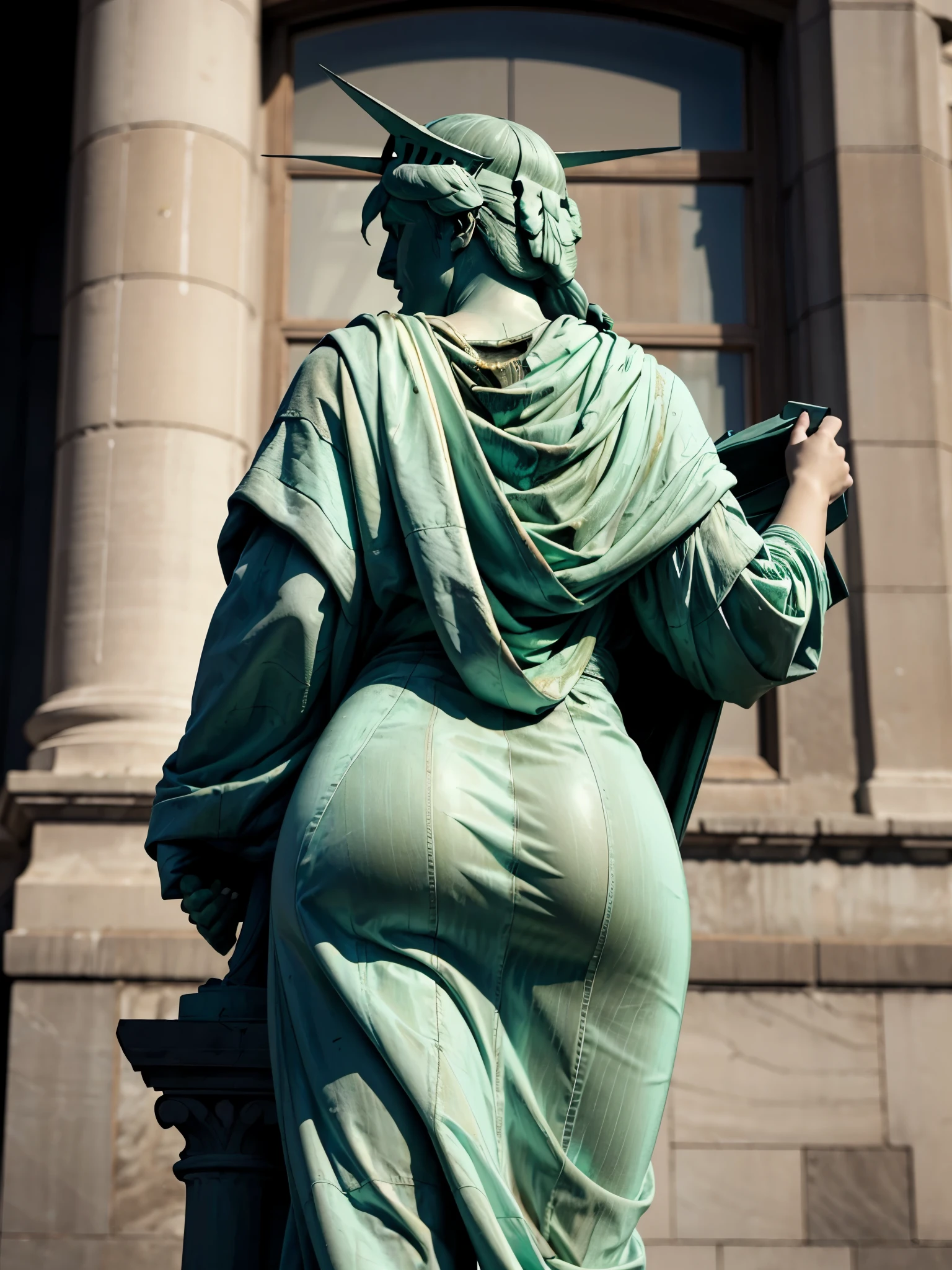 lady-liberty, view from behind, statue in a green pulled up dress is leaning against a wall, showing buttocks, (YES NSFW), looking afar