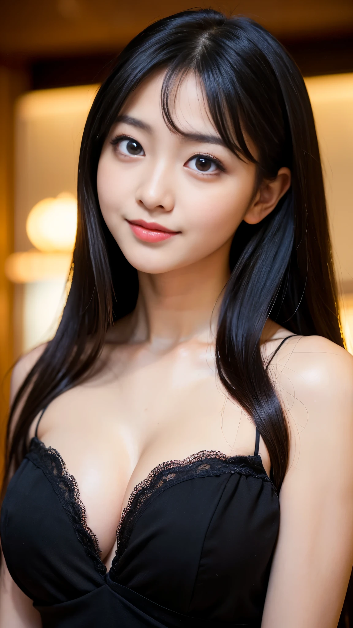 Best-quality, Masterpiece, Ultra-High-Resolution, (Photorealistic:1.4), Raw-Photo, Best-quality, Masterpiece, Ultra-High-Resolution, (Photorealistic:1.4), Raw-Photo, at hotel bar, 1girl, -yeld, thost famous Japanese idol, cowboy-shot, ((extremely cute face like the most popular Japanese idol, (((extremely beautiful black big-eyes))), extremely beautiful hair)), extremely beautiful skins, extremely realistic skins, extremely beautiful long-eyelashes, extremely beautiful lips, extremely beautiful cleavage, innocent smile, wearing evening-dress with stylish-design