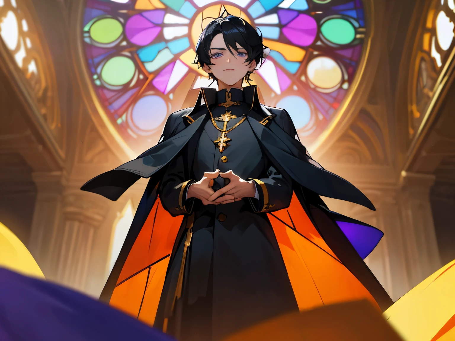 (tmasterpiece, World Masterpiece Theatre, High-precision details, Viewer's POV, , Beautiful boy with black hair, Thick coat: 1.1)Movie Angle，Wearing a white church dress ，With golden cross ornaments，brunette color hair，Blue-purple eyes，Orange sunlight，stained glass window