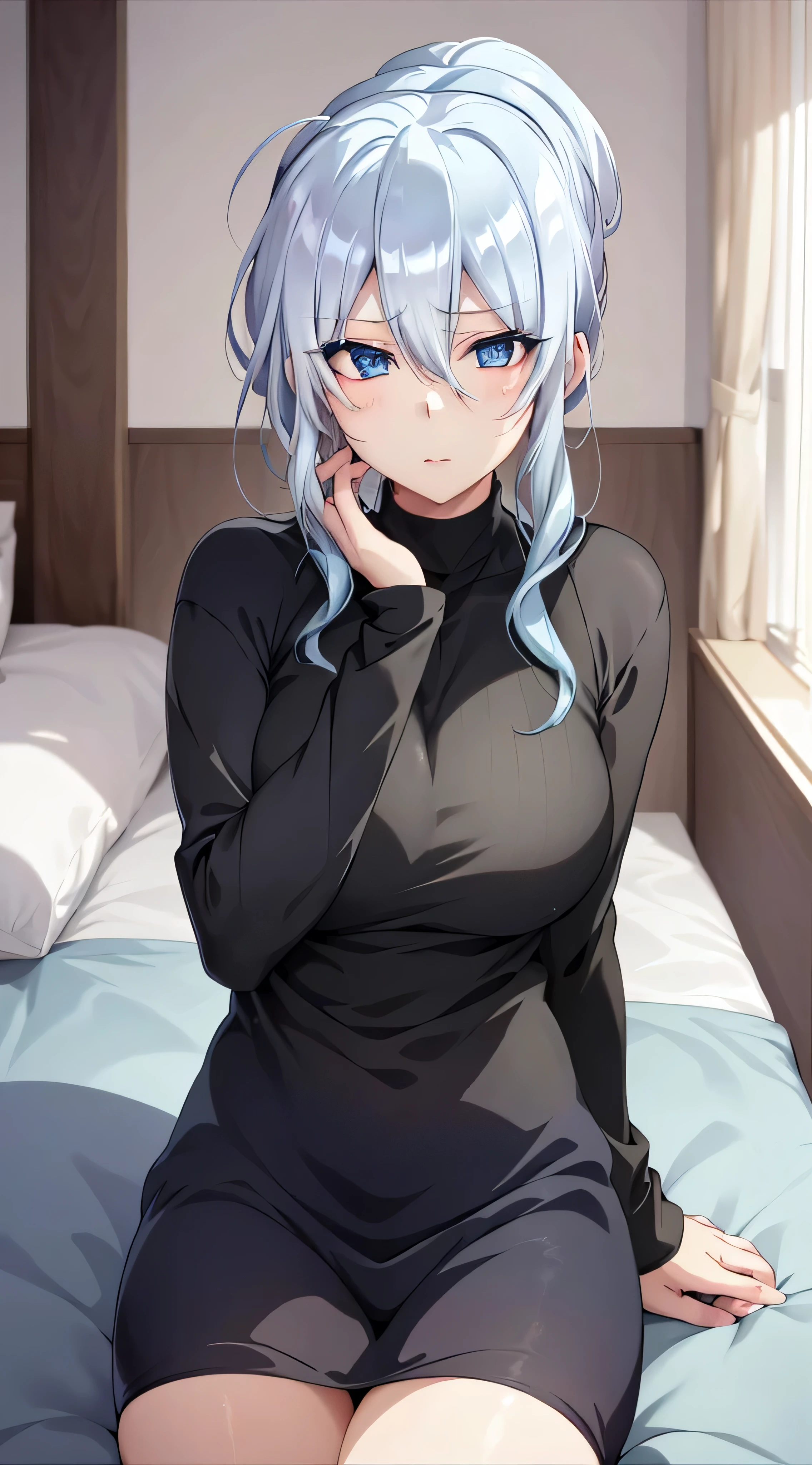 in bed, silver hair and  blue eyes, black shirt and no bra, anime visual of a cute girl, screenshot from the anime film, & her expression is solemn, in the anime film, in an anime, anime visual of a young woman, she has a cute expressive face, still from anime, big breast, red cheek, lustful face, fair skin