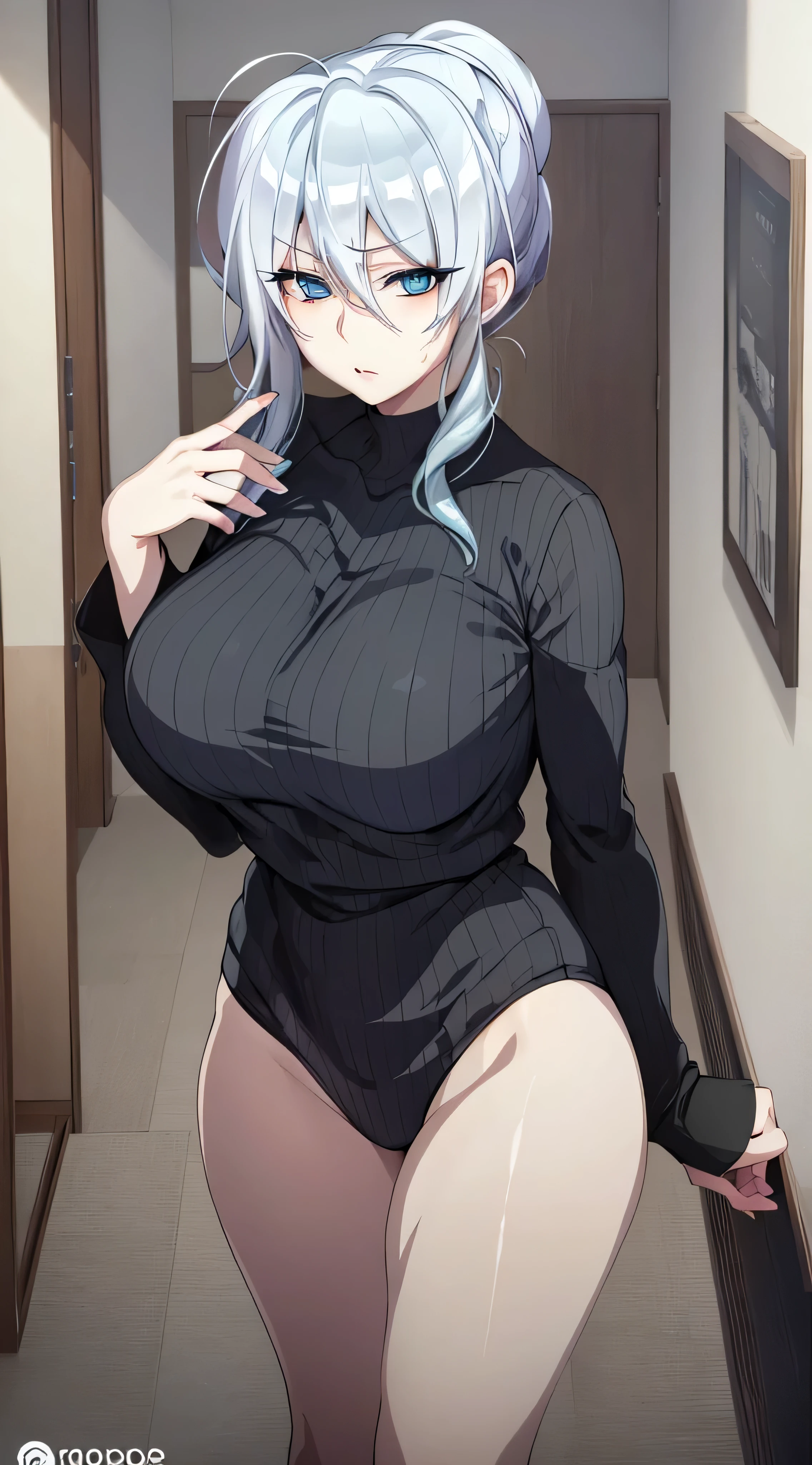 in bed, silver hair and  blue eyes, black shirt and no bra, anime visual of a cute girl, screenshot from the anime film, & her expression is solemn, in the anime film, in an anime, anime visual of a young woman, she has a cute expressive face, still from anime, big breast, red cheek, lustful face, fair skin