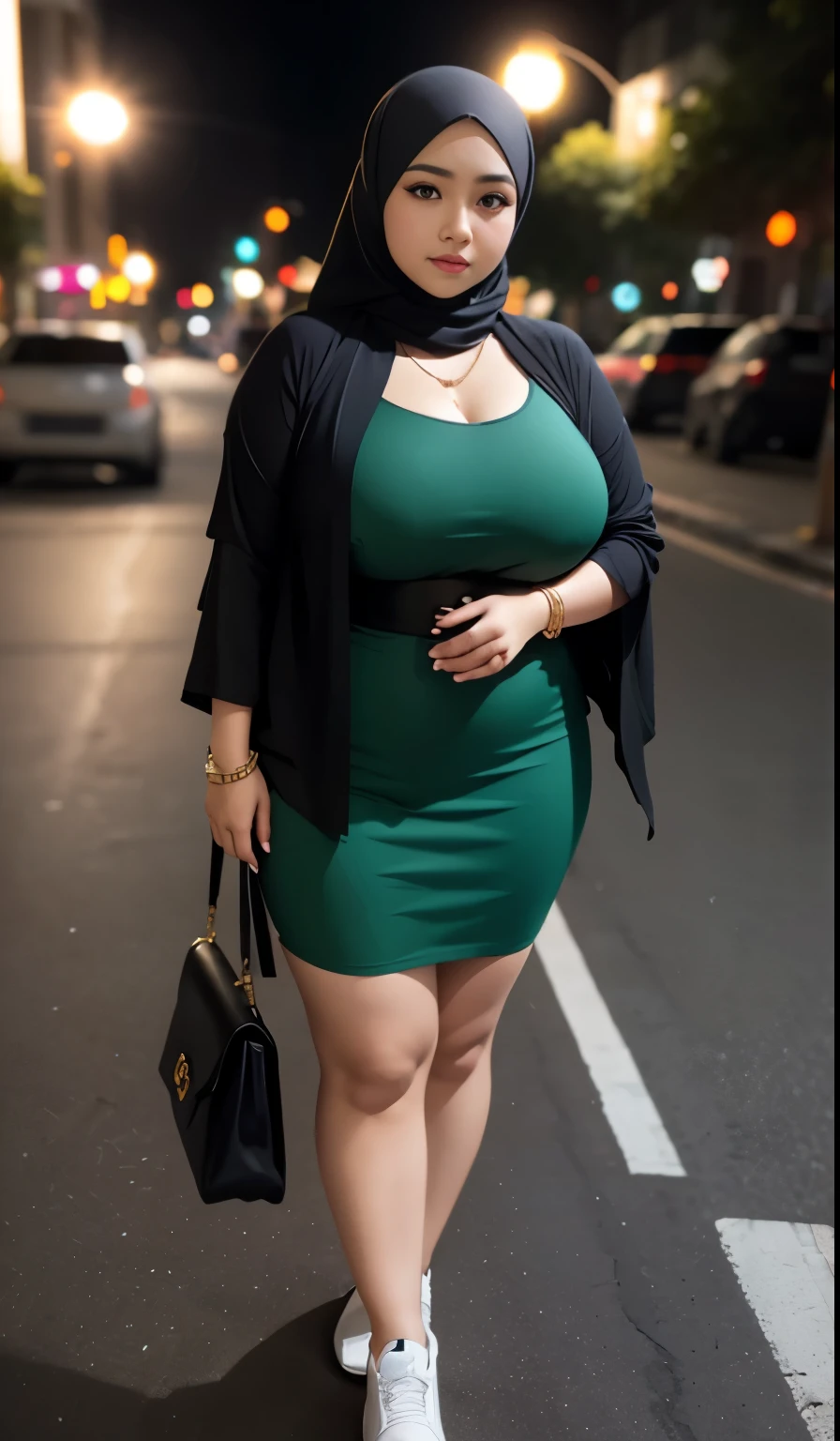 1 malay girl, modern plain hijab, shy, medium portrait, watery eyes, wearing dark green kebaya, ((big breasts)), black bokeh background, well-proportioned body,, chubby massive thighs, full body pose, wearing a necklace , wearing 10 bracelet , wearing a sneaker 