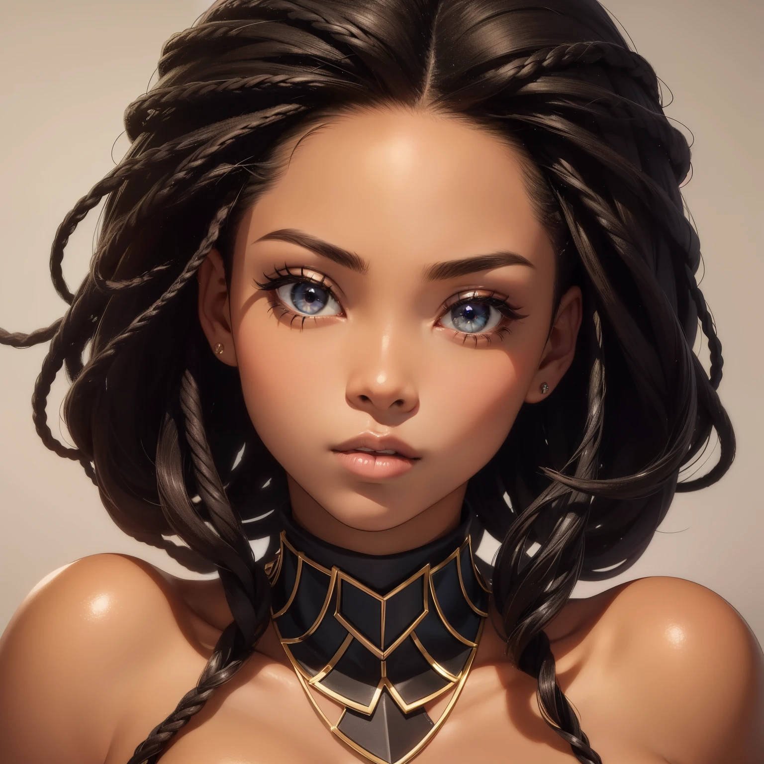(darkskin girl,boondocks character, hourglass full body,beautiful detailed eyes,beautiful detailed lips,extremely detailed eyes and face,longeyelashes),(photo-realistic:1.37),(best quality,4k,8k,highres,masterpiece:1.2),ultra-detailed,stunning portrait,expressive box braids hairstyle,unique clothing,confident pose,bold lighting,vibrant colors, Naked