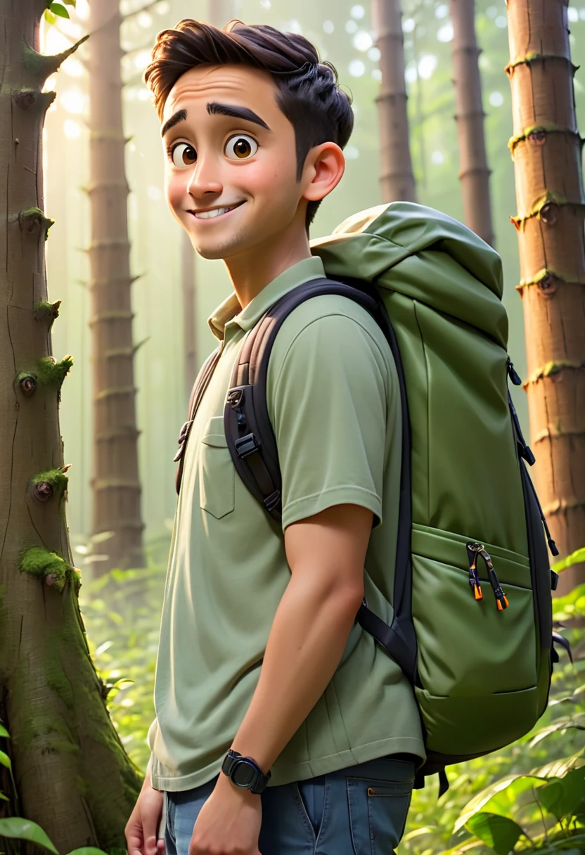 Pixar guys with a backpack and a backpack standing in front of a tree, around 2 5 years old, profile picture, 8k selfie photograph, headshot profile picture, professional profile picture, portait photo profile picture, detailed unblurred face, in front of a forest background, profile pic, taken at golden hour, portrait mode photo, during rainning