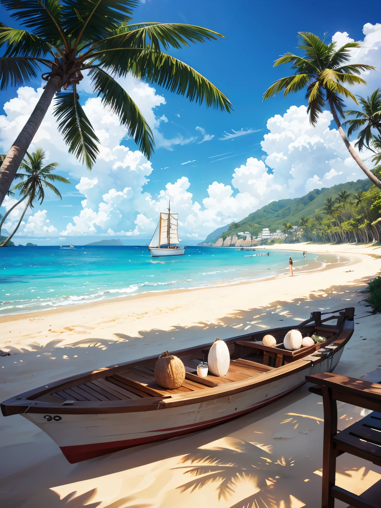 Sailing boat by the beach with coconut trees and sand sand