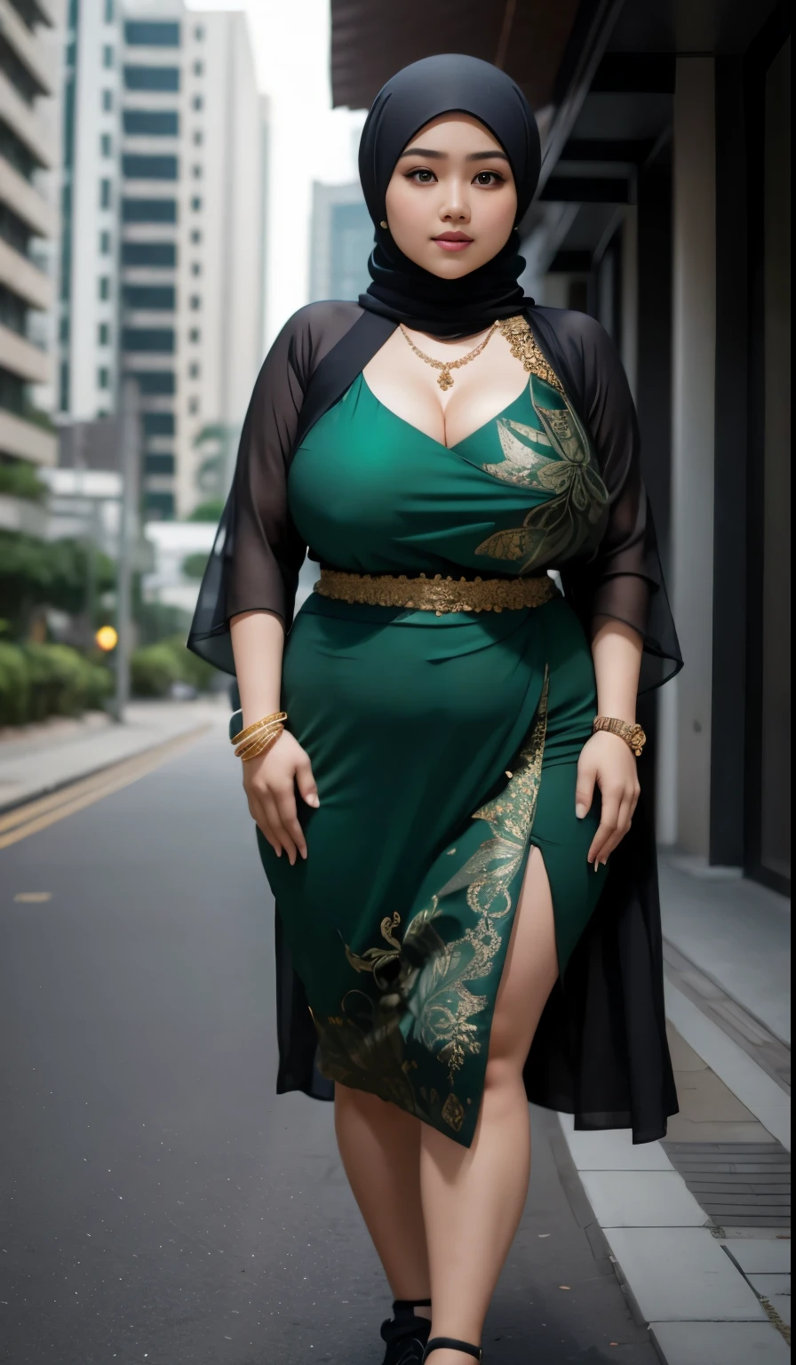 1 malay girl, modern plain hijab, shy, medium portrait, watery eyes, wearing dark green kebaya, ((big breasts)), black bokeh background, well-proportioned body,, chubby massive thighs, full body pose, wearing a necklace , wearing 10 bracelet , wearing a sneaker