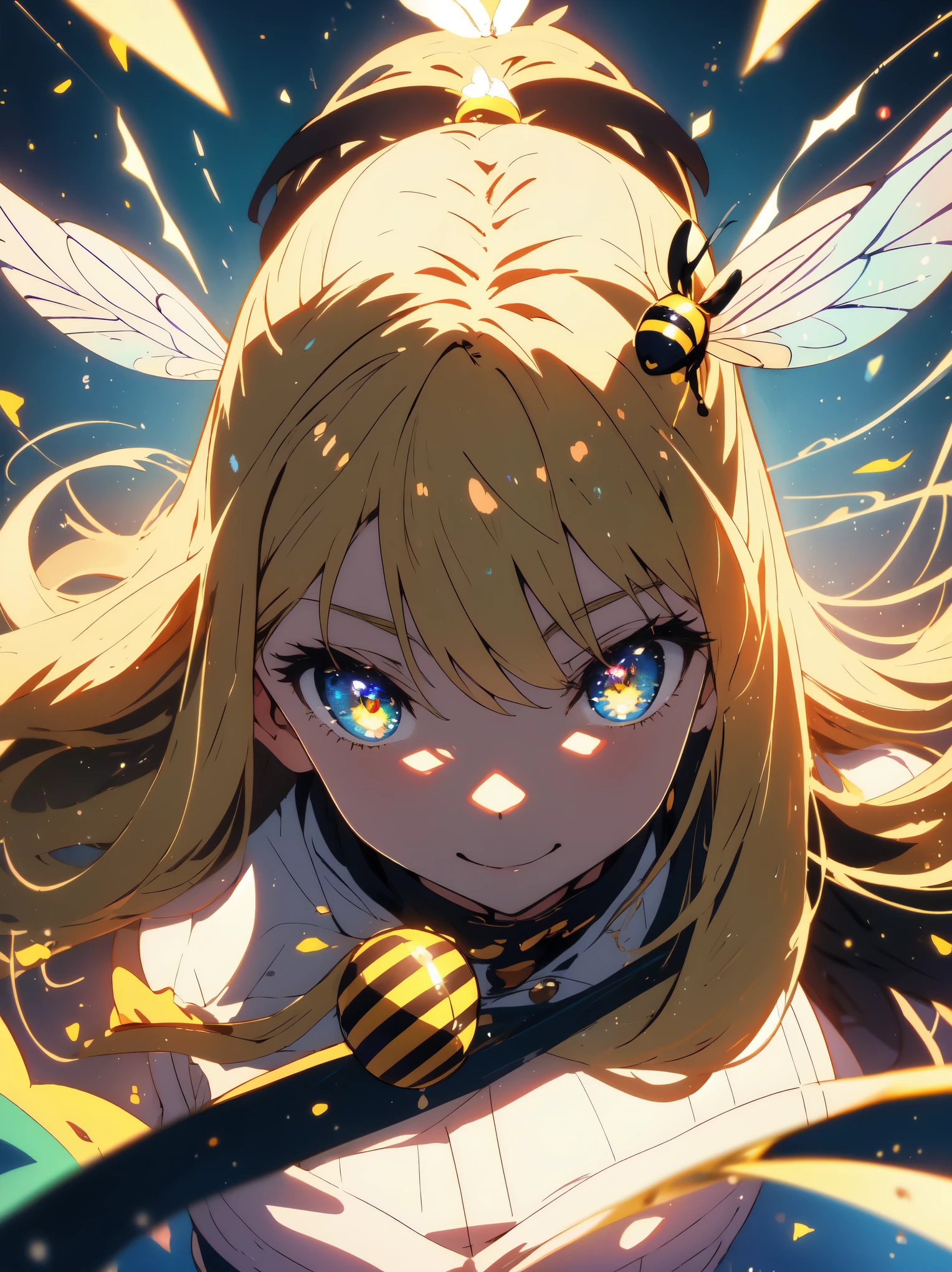 ((highest quality、masterpiece、shining eyes、detailed))、1 cute girl、beautiful face、smile、Honey、A cute bee is flying in the background、pop background、beautiful anime