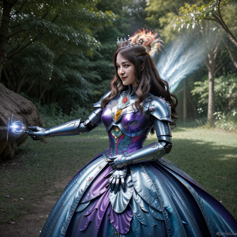 best quality,4k,highres,masterpiece:1.2,ultra-detailed,realistic:A Gundam style robot,rescuing a dragon,evil princess (Brea Larson),detailed robot design,detailed dragon scales,vibrant color scheme,action-packed scene,majestic dragon wings,heroic robot stance,robot armor shining in the sunlight,princess with a wicked smile,robot lifting dragon with ease,perfectly flowing dragon fire,battle in a lush forest,mysterious robotic technology,princess with intricate gown flowing in the wind,surrounding trees filled with life,emerging sunlight through the trees,dragon with fierce expression,robot with powerful laser beams,evil princess casting dark magic,dragon released from captivity,robot with glowing LED eyes,dragon scales sparkling,princess surrounded by a dark aura,long robotic arms with precise movements,dragon tail whipping through the air,robot with Gundam signature weapons,giant robotic feet creating earth-shattering impacts,detailed princess tiara shining,dramatic shadows and lighting effects,robot saving the day with determination,princess with a crown adorned with gems,dragon with majestic horns and spines,robot with jet thrusters propelling it forward,vivid colors highlighting the scene,magical sparkles surrounding the princess and the dragon,robot smashing through obstacles with ease,detailed robot cockpit showcasing advanced technology,dragon breathing fire in defiance,princess casting spells with gestures,robot's metallic armor reflecting its surroundings,dragon's scales with intricate patterns,detailed portrayal of emotions on the characters' faces,princess with flowing hair and a wicked grin,robotic fingers delicately carrying the dragon,princess's evil castle in the background,dragon with graceful movements,robot with imposing presence.