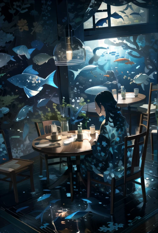 1girl, fish, chair, table, solo, sitting, black hair, scenery, lantern, teapot, flower, cup, teacup, long hair, floral print, from behind, indoors, lamp, dark, underwater
