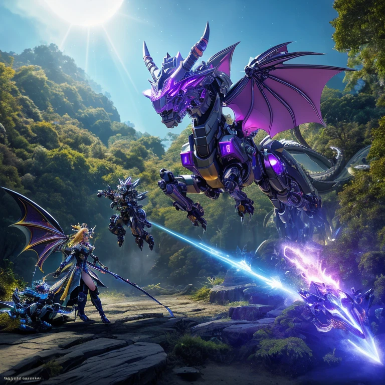 best quality,4k,highres,masterpiece:1.2,ultra-detailed,realistic:A Gundam style robot,rescuing a dragon,evil princess (Brea Larson),detailed robot design,detailed dragon scales,vibrant color scheme,action-packed scene,majestic dragon wings,heroic robot stance,robot armor shining in the sunlight,princess with a wicked smile,robot lifting dragon with ease,perfectly flowing dragon fire,battle in a lush forest,mysterious robotic technology,princess with intricate gown flowing in the wind,surrounding trees filled with life,emerging sunlight through the trees,dragon with fierce expression,robot with powerful laser beams,evil princess casting dark magic,dragon released from captivity,robot with glowing LED eyes,dragon scales sparkling,princess surrounded by a dark aura,long robotic arms with precise movements,dragon tail whipping through the air,robot with Gundam signature weapons,giant robotic feet creating earth-shattering impacts,detailed princess tiara shining,dramatic shadows and lighting effects,robot saving the day with determination,princess with a crown adorned with gems,dragon with majestic horns and spines,robot with jet thrusters propelling it forward,vivid colors highlighting the scene,magical sparkles surrounding the princess and the dragon,robot smashing through obstacles with ease,detailed robot cockpit showcasing advanced technology,dragon breathing fire in defiance,princess casting spells with gestures,robot's metallic armor reflecting its surroundings,dragon's scales with intricate patterns,detailed portrayal of emotions on the characters' faces,princess with flowing hair and a wicked grin,robotic fingers delicately carrying the dragon,princess's evil castle in the background,dragon with graceful movements,robot with imposing presence.