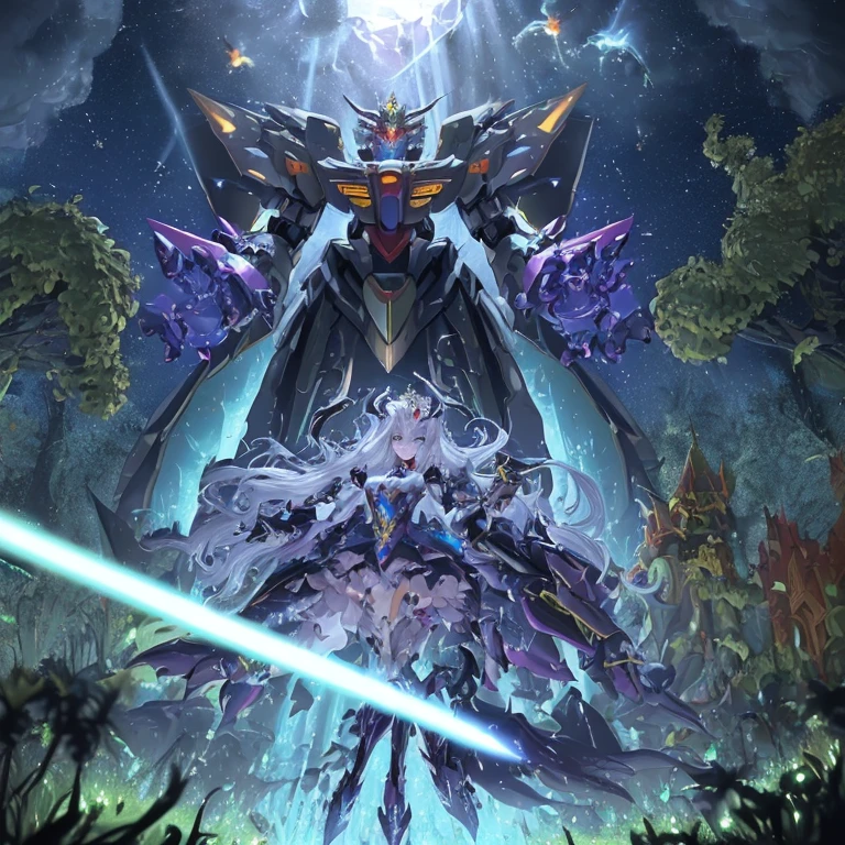 best quality,4k,highres,masterpiece:1.2,ultra-detailed,realistic:A Gundam style robot,rescuing a dragon,evil princess (Brea Larson),detailed robot design,detailed dragon scales,vibrant color scheme,action-packed scene,majestic dragon wings,heroic robot stance,robot armor shining in the sunlight,princess with a wicked smile,robot lifting dragon with ease,perfectly flowing dragon fire,battle in a lush forest,mysterious robotic technology,princess with intricate gown flowing in the wind,surrounding trees filled with life,emerging sunlight through the trees,dragon with fierce expression,robot with powerful laser beams,evil princess casting dark magic,dragon released from captivity,robot with glowing LED eyes,dragon scales sparkling,princess surrounded by a dark aura,long robotic arms with precise movements,dragon tail whipping through the air,robot with Gundam signature weapons,giant robotic feet creating earth-shattering impacts,detailed princess tiara shining,dramatic shadows and lighting effects,robot saving the day with determination,princess with a crown adorned with gems,dragon with majestic horns and spines,robot with jet thrusters propelling it forward,vivid colors highlighting the scene,magical sparkles surrounding the princess and the dragon,robot smashing through obstacles with ease,detailed robot cockpit showcasing advanced technology,dragon breathing fire in defiance,princess casting spells with gestures,robot's metallic armor reflecting its surroundings,dragon's scales with intricate patterns,detailed portrayal of emotions on the characters' faces,princess with flowing hair and a wicked grin,robotic fingers delicately carrying the dragon,princess's evil castle in the background,dragon with graceful movements,robot with imposing presence.