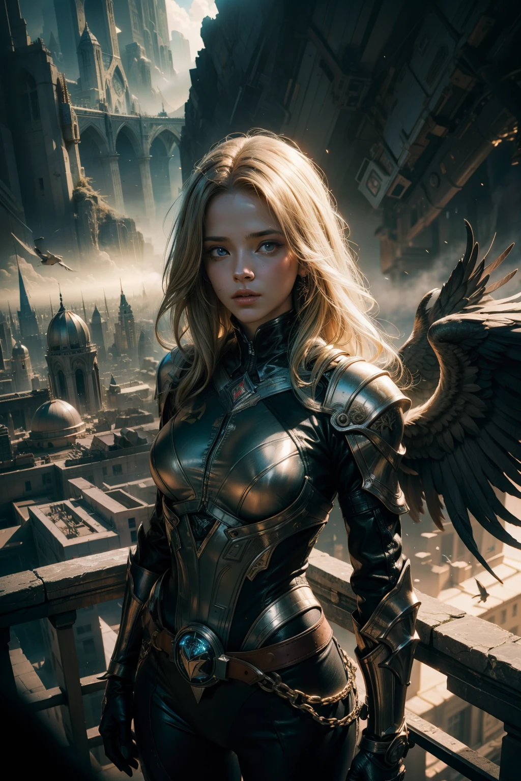 cinematic photo shooting (from a bird's-eye view, concept art by Apterus, Agostino Arrivabene, John Berkey: 1.3), featuring a topless blonde woman and a fallen angel in a dramatic pose, 8k octane render masterpiece with masterpiece scale, beautiful depth of field and ultra wide field of view, ultra-detailed CG perspective showcasing intricate details, ultra-dynamic lighting creating amazing shadows and dramatic contrast, 35mm photograph capturing film-like texture and bokeh effects, professionally executed with a cinematic, photorealistic, 8k UHD natural lighting style, raw and rich visuals