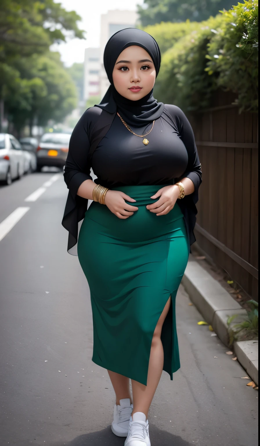 1 malay girl, modern plain hijab, shy, medium portrait, watery eyes, wearing dark green kebaya, ((big breasts)), black bokeh background, well-proportioned body,, chubby massive thighs, full body pose, wearing a necklace , wearing 10 bracelet , wearing a sneaker