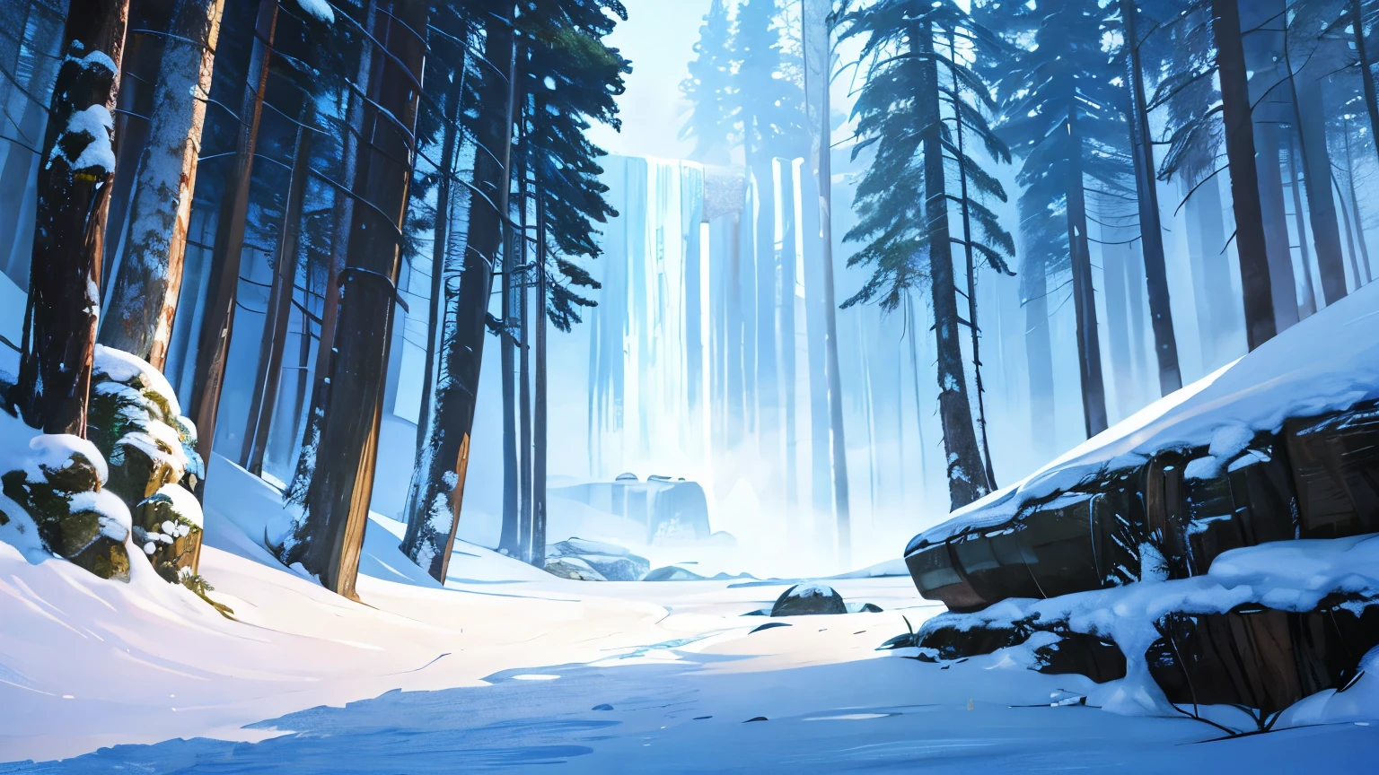 there is a painting of a frozen waterfall in the woods, crystal forest, winter concept art, snowy environment, cold environment, in an icy cavern, environment concept art, background art, anime background art, anime scenery concept art, icey tundra background, environment and concept art, environment painting, icy landscape, digital painting concept art, magical environment, background artwork