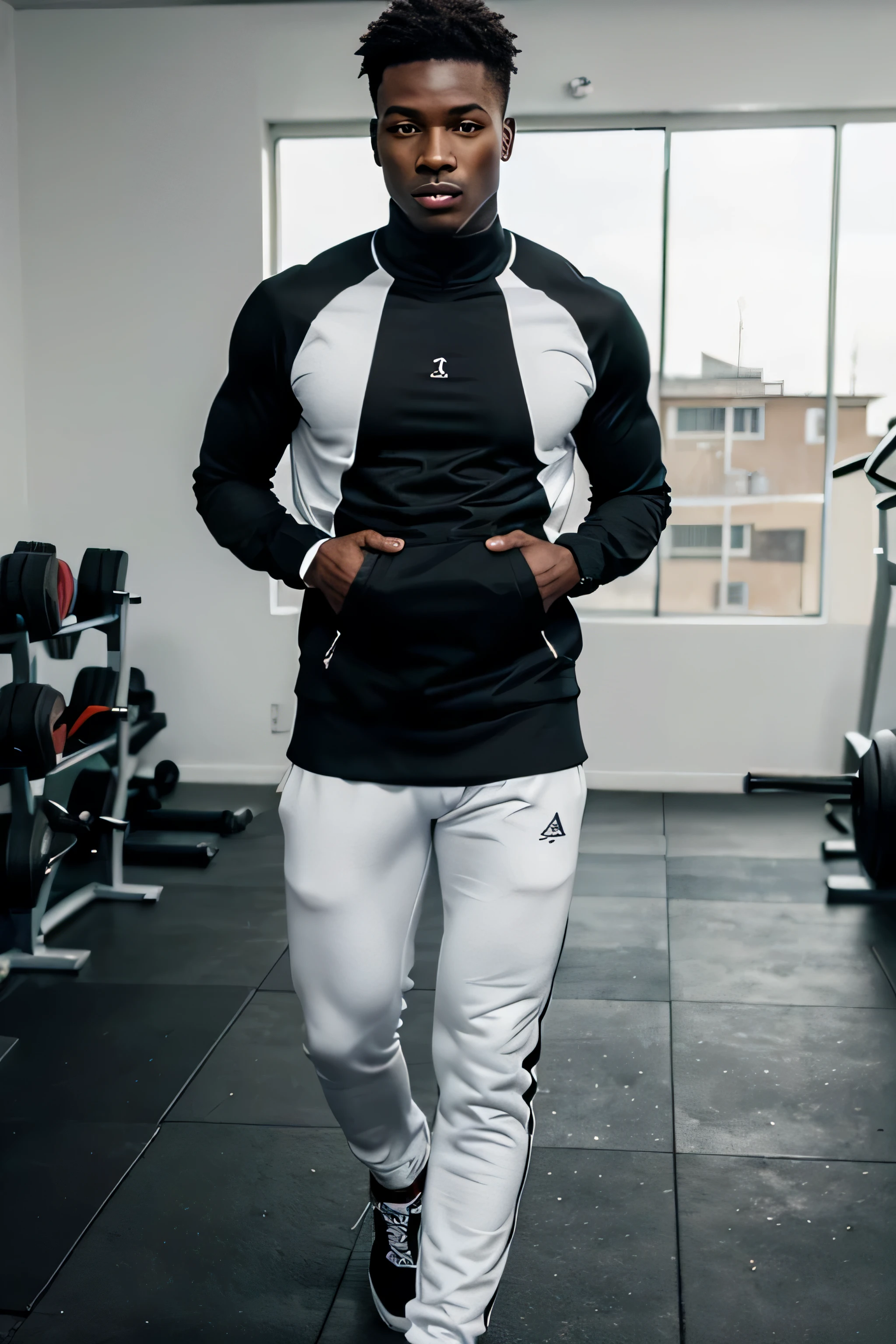 an african athletic male models wearing plain white tight top and plain black tracksuit pants , standing in the gym doing photo shoot for a luxury clothing brand