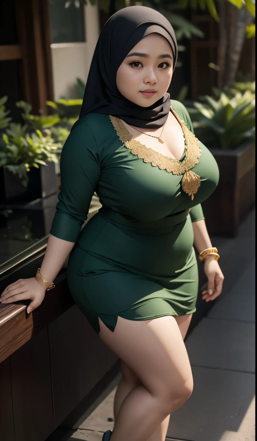 1 malay girl, modern plain hijab, shy, medium portrait, watery eyes, wearing dark green kebaya, ((big breasts)), black bokeh background, well-proportioned body,, chubby massive thighs, full body pose, wearing a necklace , wearing 10 bracelet , wearing a sneaker 