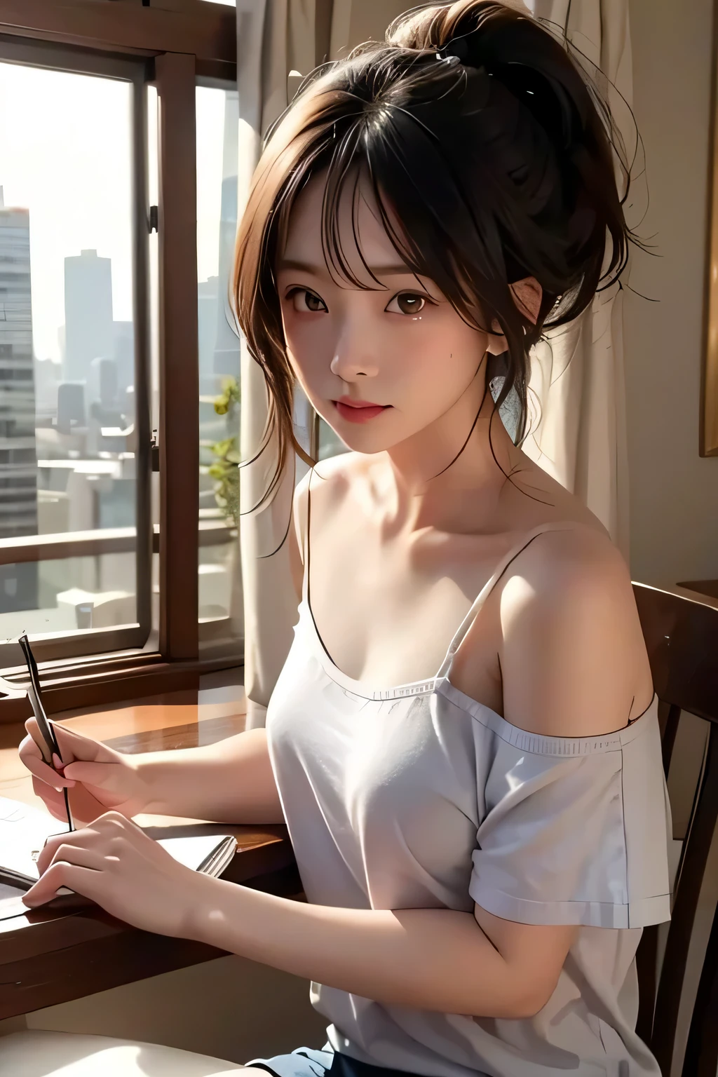 Masterpiece, dynamic lighting, highly detailed, (A girl in her early twenties sitting at the table,Write on a piece of paper, trying to study, research), Realistic cute girl , Realistic, (wearing an oversized t-shirt hanging off one shoulder), long dark hair tied in a messy ponytail, bookshelves in the background, a computer screen on the table, ((window in the background showing a night cityscape))