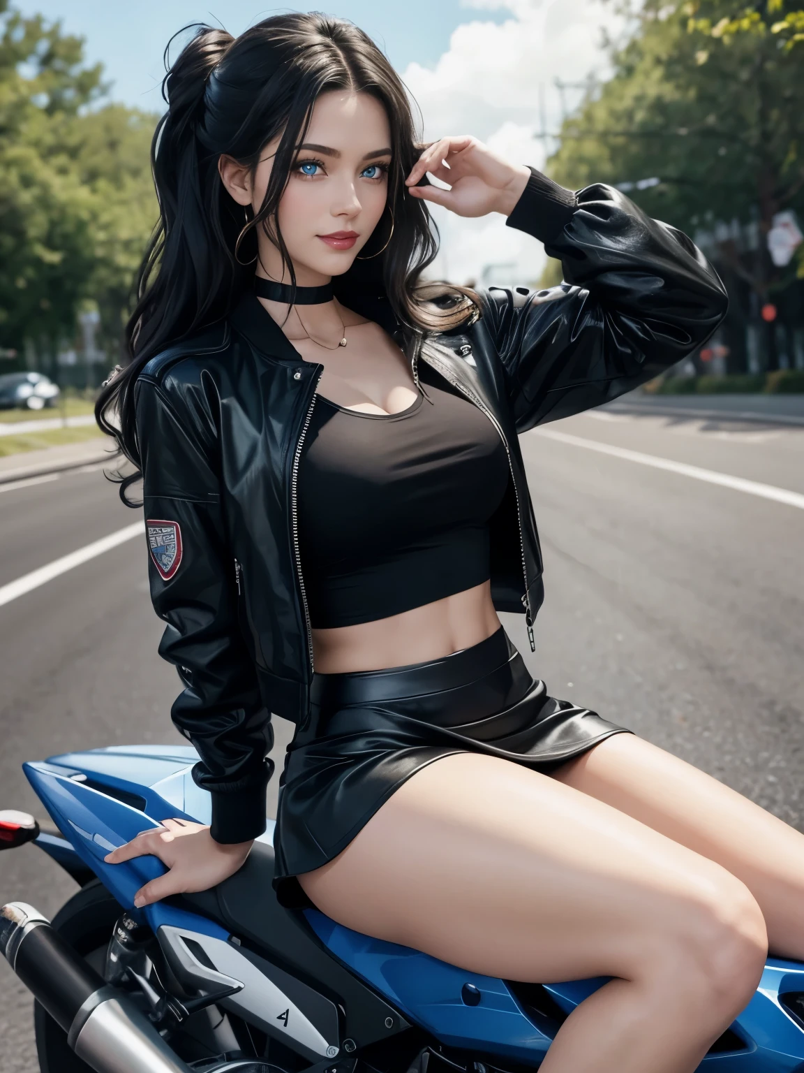 Caucasian woman; black hair, wavy hair, long hair, updo hair; blue eyes, lined eyes, ((highlight blue eyes)), shiny eyes; red lipstick, makeup; smile; athletic body, medium breasts, nipples; (((legs))); black jacket; ((black top)), ((short black skirt)), (leaning on sports motorcycle), on the road, front view.