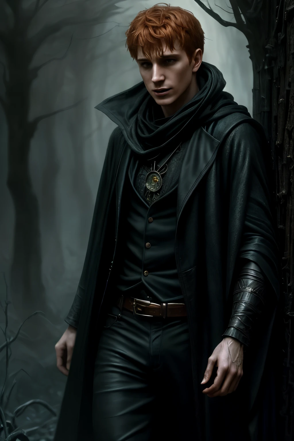 a male portrait of a hyperdetailed in the style of a dementor from harry potter and a rogue dnd character,ginger hair, (pleasant:1.3) thoughtful expression, conjuring magical energy, cinematic shot on canon 5d ultra realistic skin, Steve Henderson Fabian Perez Henry Asencio, Jeremy Mann Marc Simonetti fantasy magical horror atmosphere, (highly detailed environment:1.3)