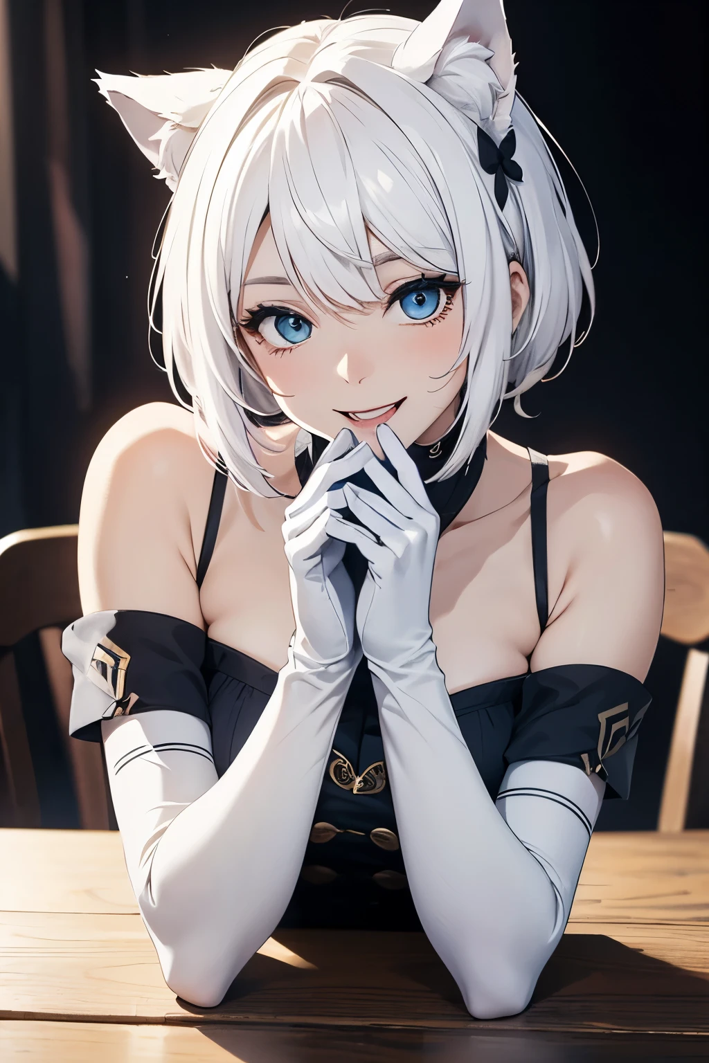 table top High level image quality best image quality 8k adult woman portrait white long gloves(elbow gloves) White ugly stockings uniform(sleevelesini skirt white wolf ears short hair((shortcut)(pure white hair)(perm)(fluffy)) eye color is blue attractive face((laughter)(smile)(open your mouth)) beautiful feet
