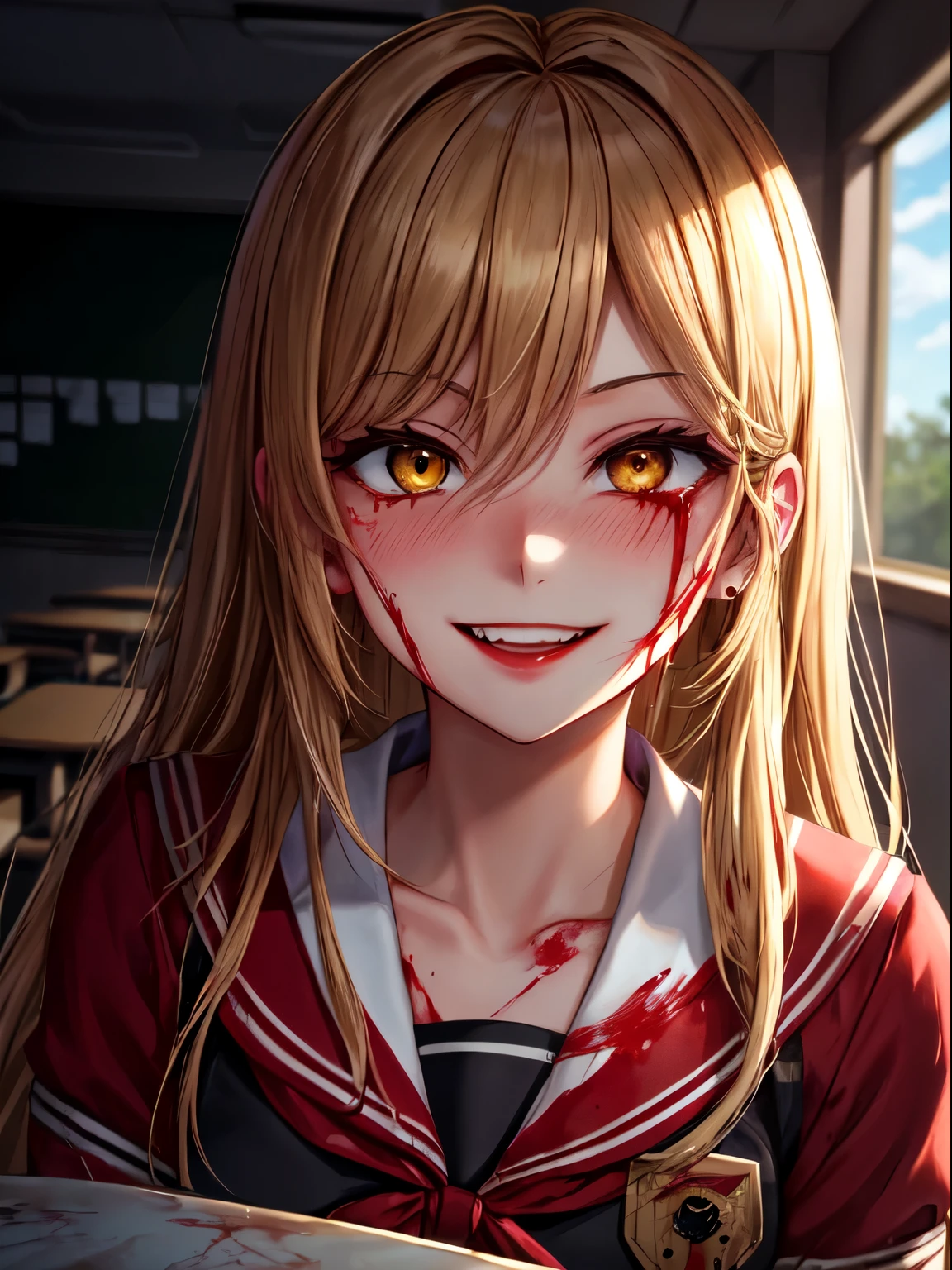 1 girl, ((yandere, yandere simulator, crazy, blood, blood on the face, blood stains, blood stained clothes, blood on the floor, blood on the wall, reflection), (long hair, gold eyes, bright eyes, blush, high school uniform), dramatic lighting, reddish lighting, backlight, blurred background, classroom, sitting on the floor, looking at us, crazy smile, evil smile, crazy face, evil face, dark face, (horror, dark)