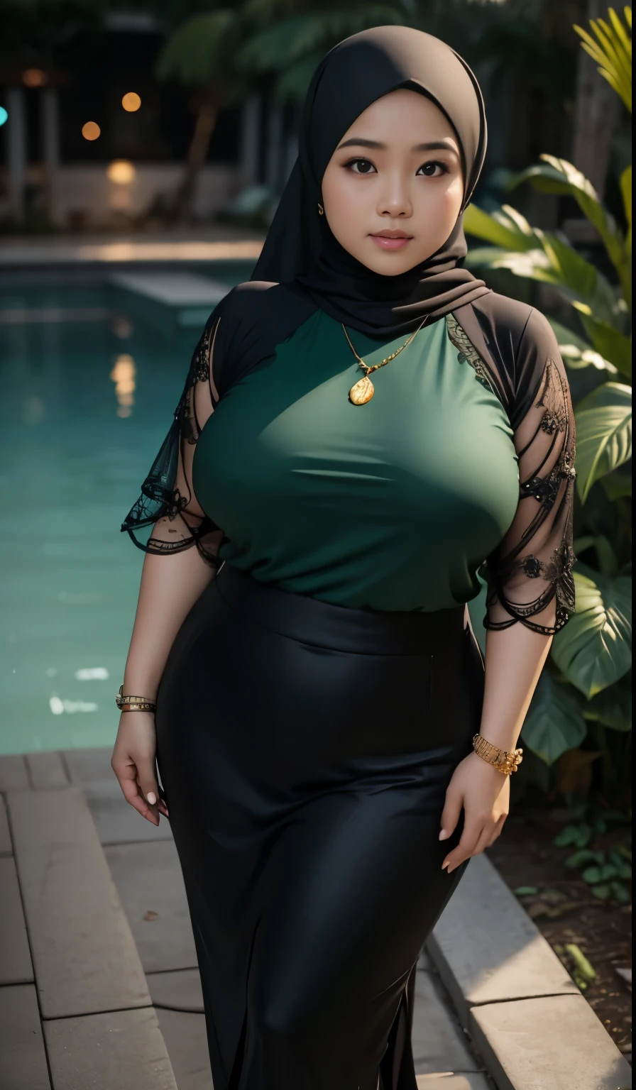 1 malay girl, modern plain hijab, shy, medium portrait, watery eyes, wearing dark green kebaya, ((big breasts)), black bokeh background, well-proportioned body,, chubby massive thighs, full body pose, wearing a necklace , wearing 10 bracelet , wearing a sneaker