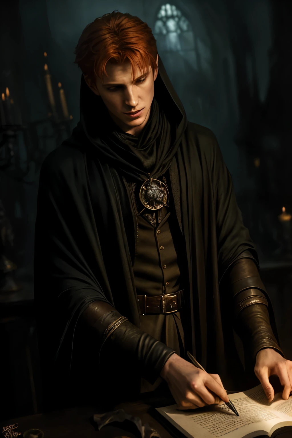 a male portrait of a hyperdetailed in the style of a dementor from harry potter and a rogue dnd character,ginger hair, (pleasant:1.3) thoughtful expression, conjuring magical energy, cinematic shot on canon 5d ultra realistic skin, Steve Henderson Fabian Perez Henry Asencio, Jeremy Mann Marc Simonetti fantasy magical horror atmosphere, (highly detailed environment:1.3)