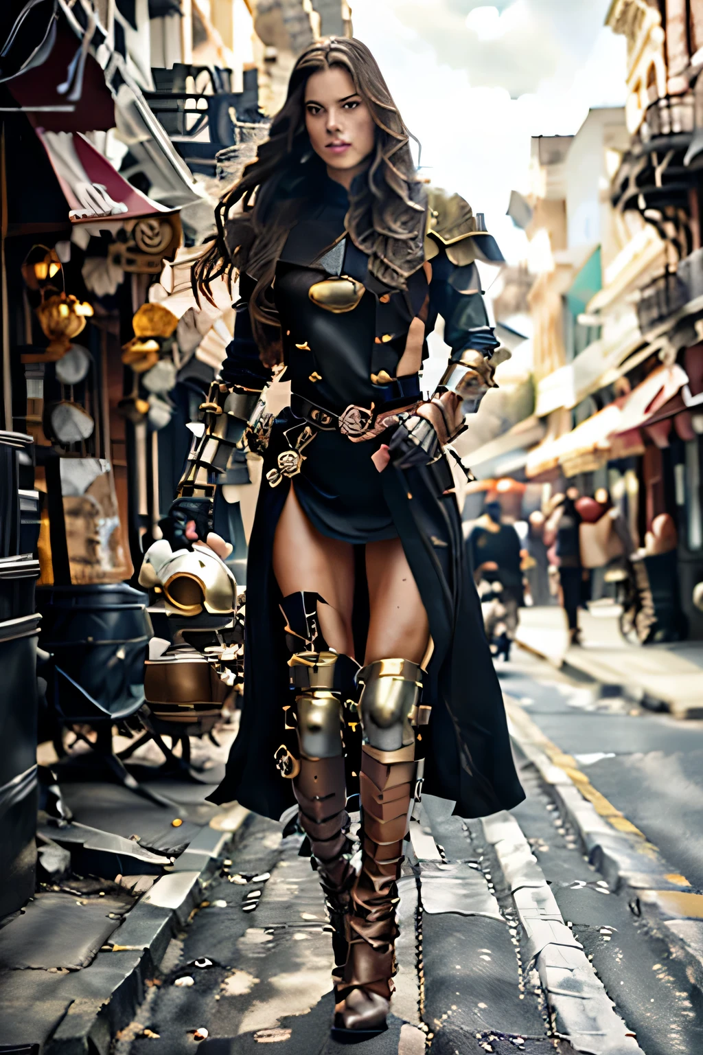 after the future time kingdoms, a beautiful pagaruyung girl, beautiful face, 18yo, young beauty face, long hair Tie it back at the top style, perfect eyes, perfect thin long nose, perfect mouth, perfect lips, perfect teeth, perfect hair, medium body, wearing scorpion-drake medium armor, walking on the street, dragging your longswords while his shield place in front of him for cover, hero walking pose, camera from afar