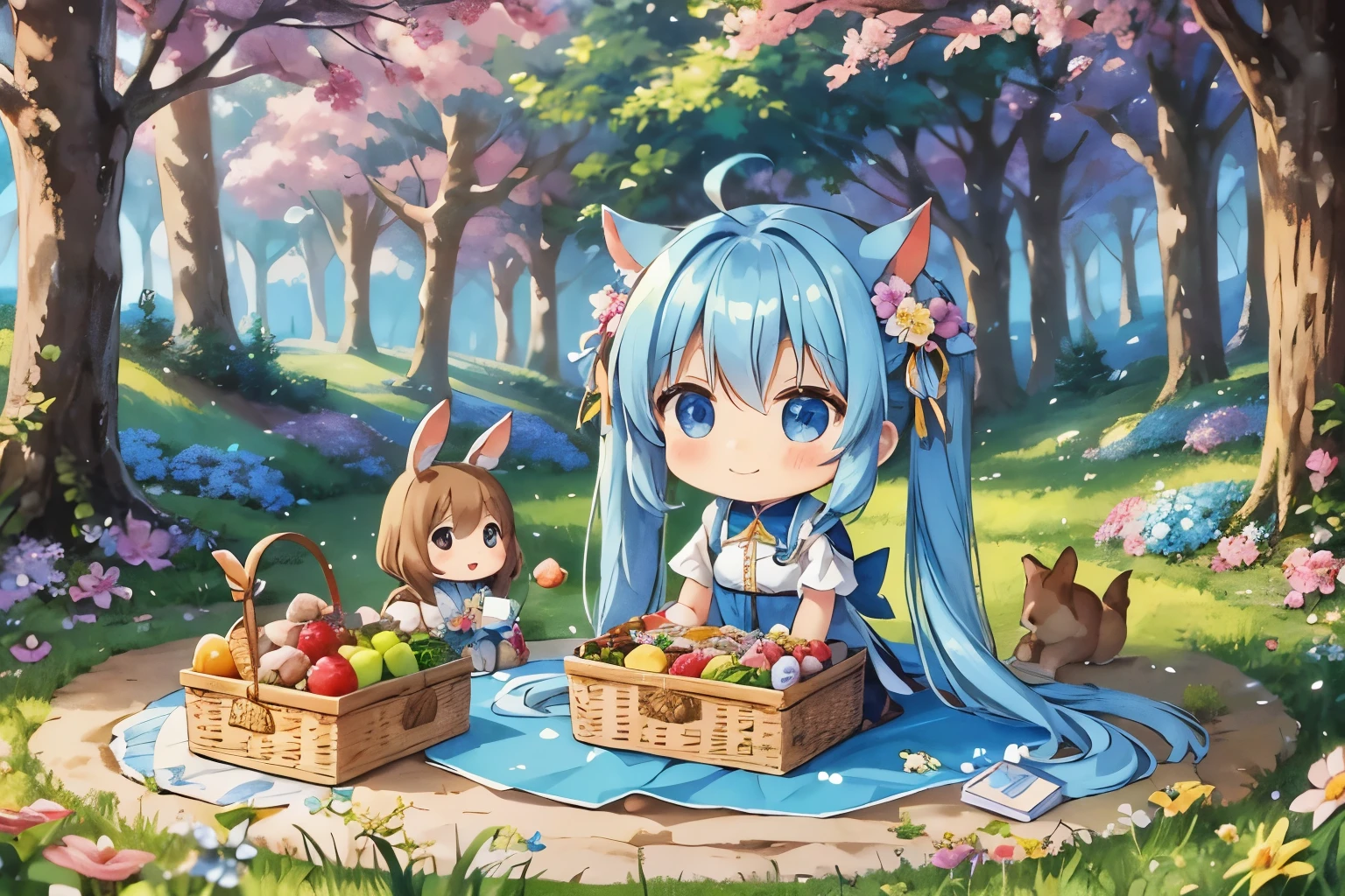 light blue long hair、Many chibi characters with twin tails、blue sky、Picnic in the forest surrounded by lots of flowers、Chocolate drinks、Lots of fruit、Bento、There are also many sweets、Rabbit and squirrel forest friends are also with us.、happy smile、cute costume
